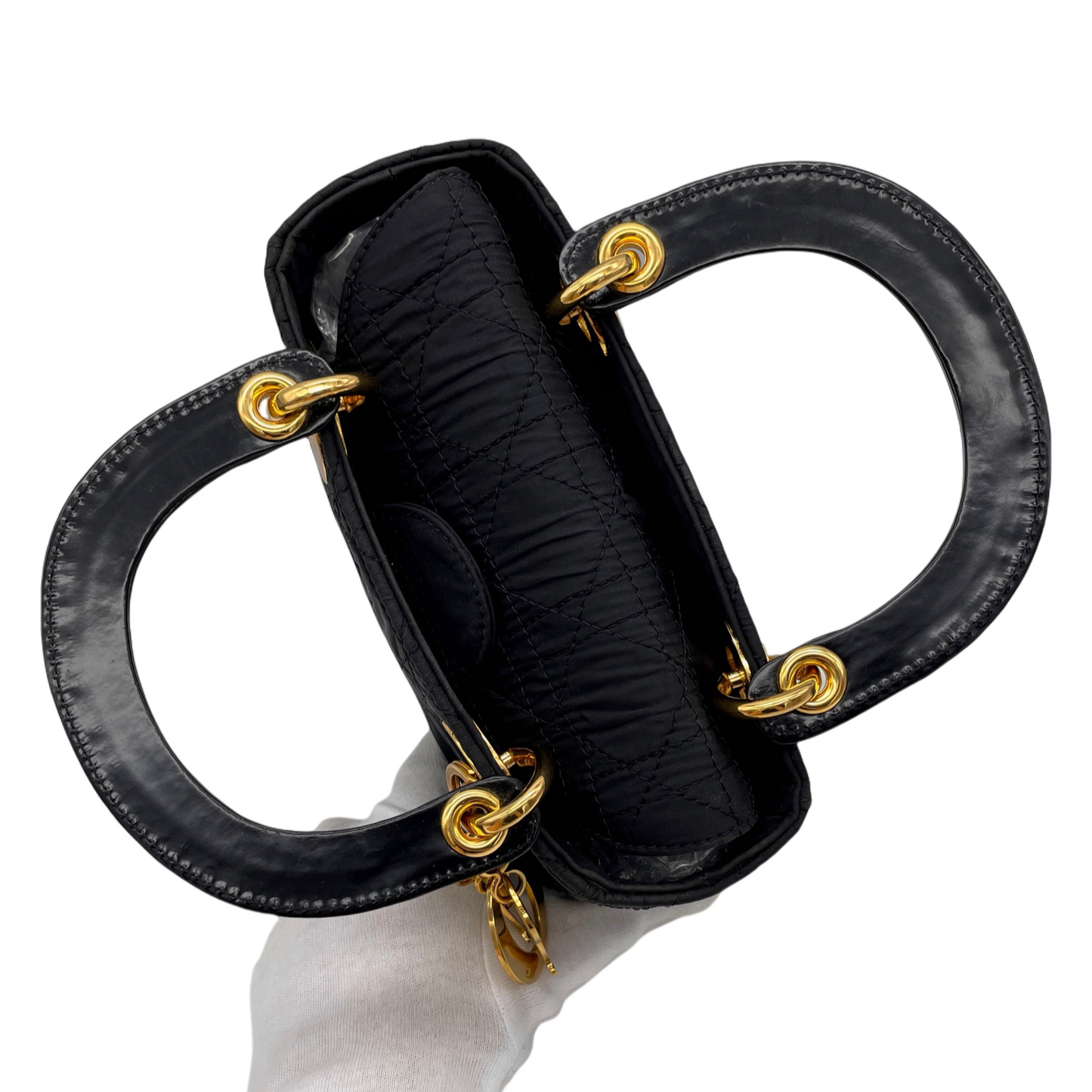 RARE☆☆☆☆CHRISTIAN DIOR Lady Dior Cannage Nylon Tote Hand Bag PM Black &amp; Gold