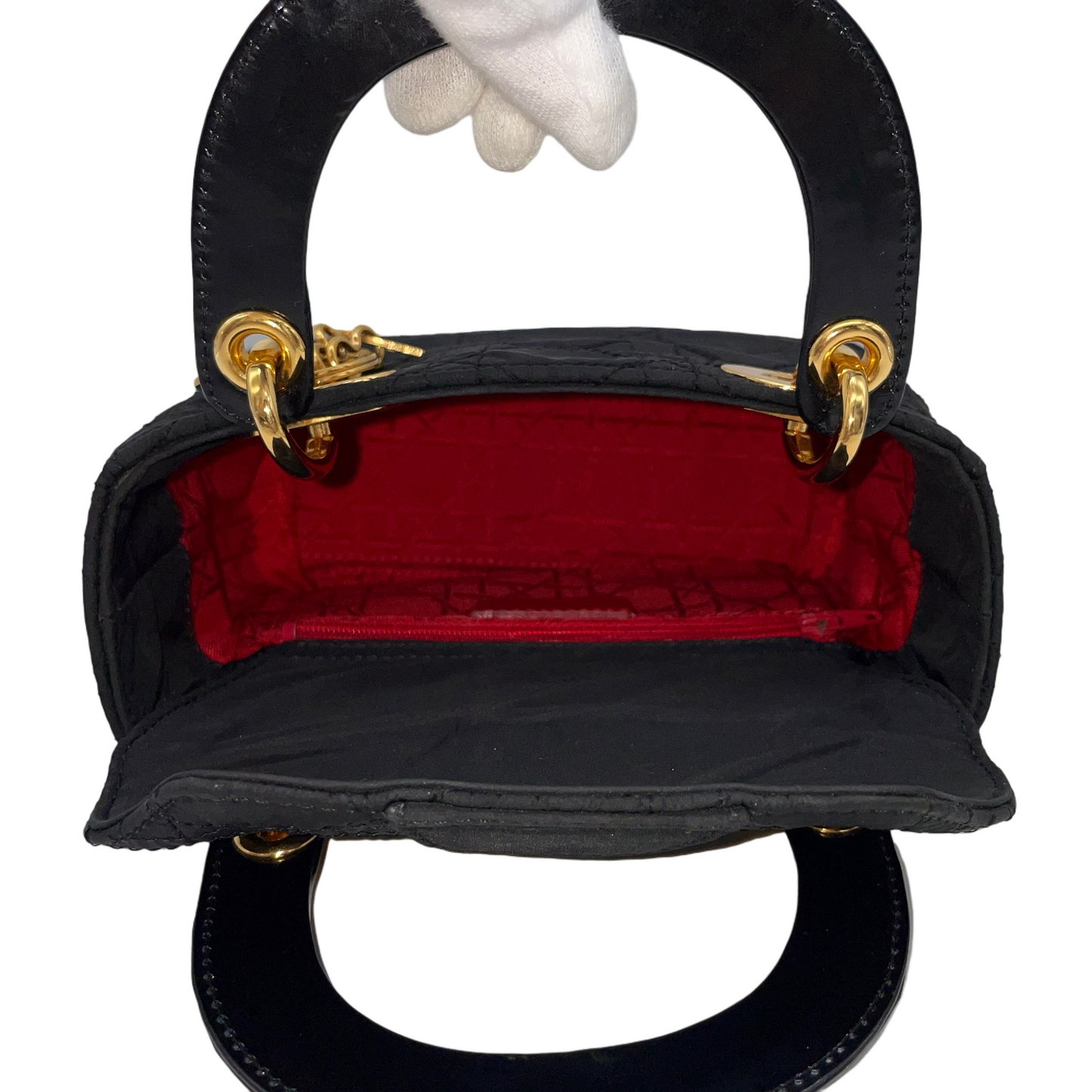 RARE☆☆☆☆CHRISTIAN DIOR Lady Dior Cannage Nylon Tote Hand Bag PM Black &amp; Gold