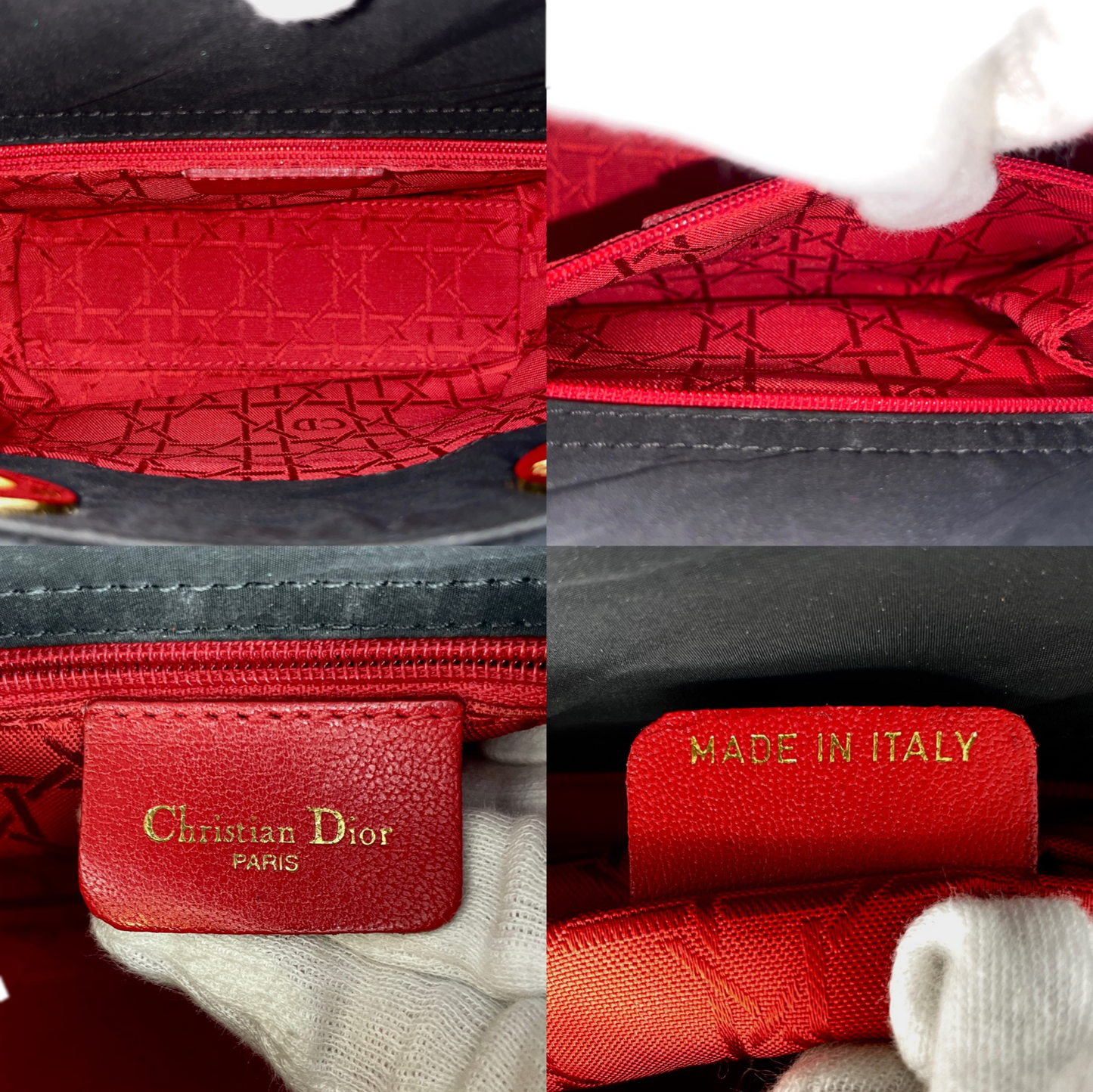 RARE☆☆☆☆CHRISTIAN DIOR Lady Dior Cannage Nylon Tote Hand Bag PM Black &amp; Gold