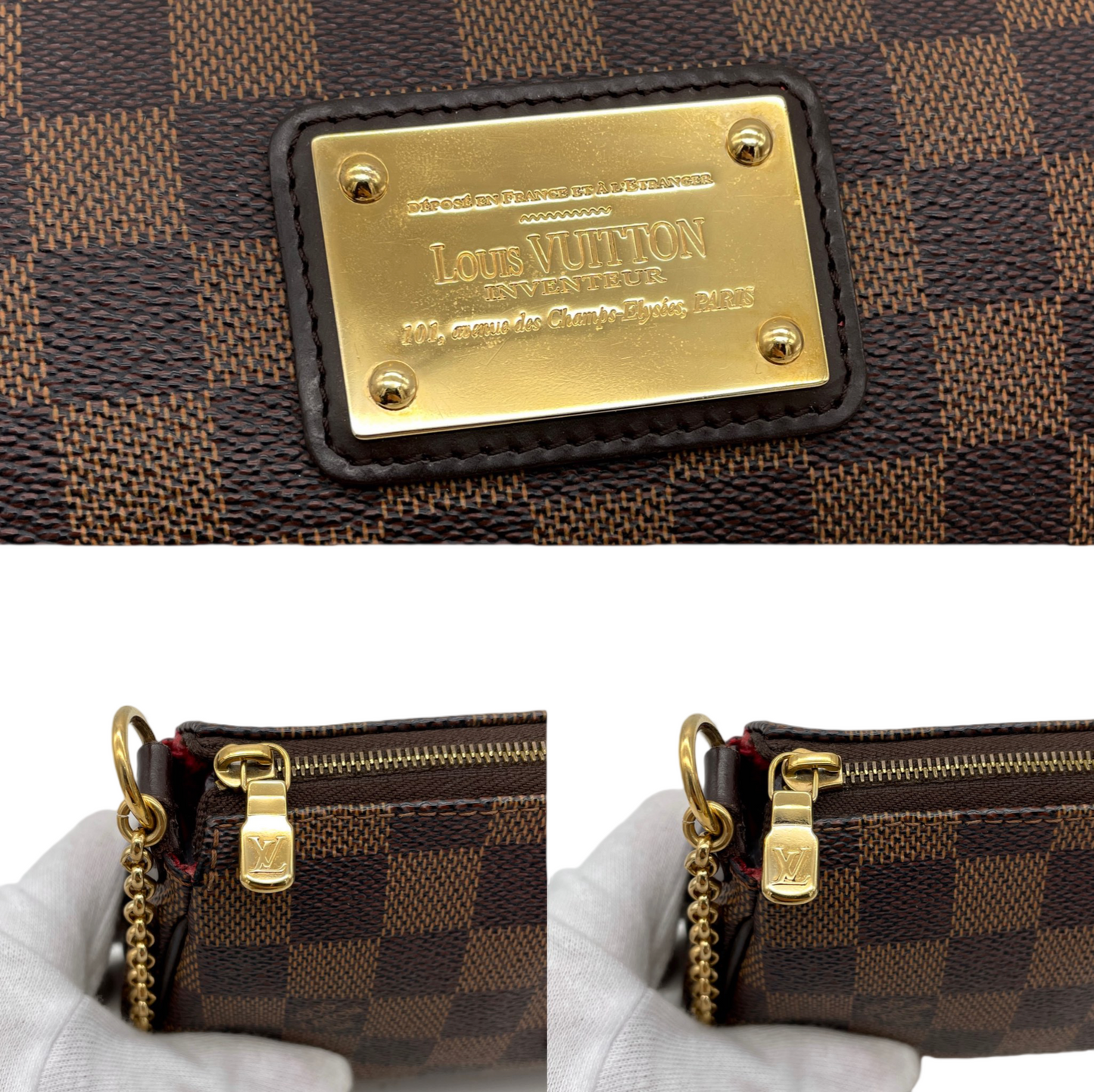 LOUIS VUITTON Damier Ebene Eva N55213 Chain Handle 2-Way Hand Bag Pouch Shoulder Bag Brown &amp; Gold