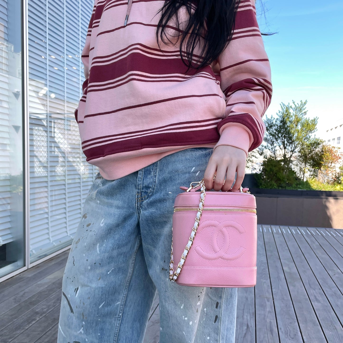 RARE☆☆☆☆Auth CHANEL 2004 Caviar Skin Leather CC LOGO Vanity Bag Pink & Gold