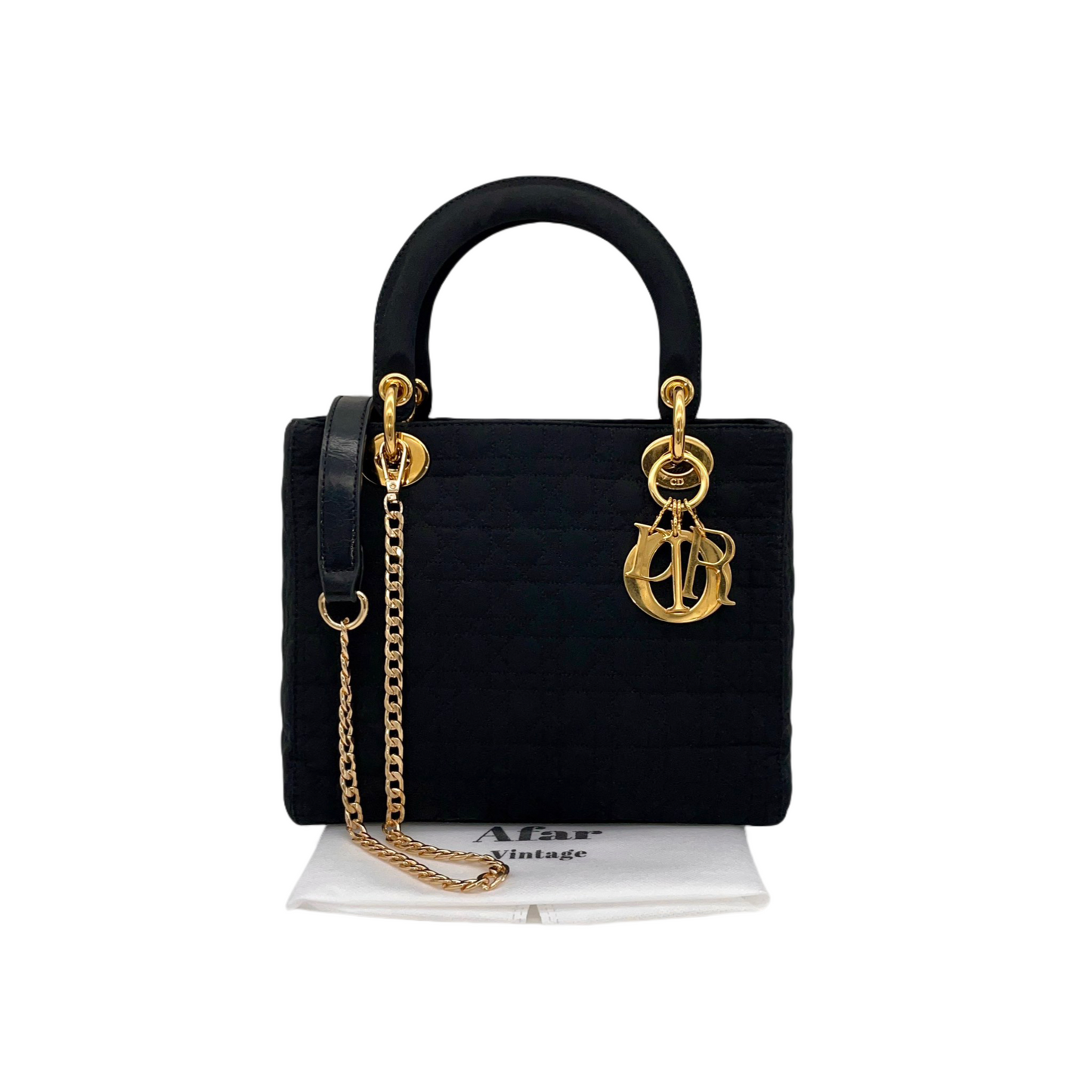CHRISTIAN DIOR Lady Dior Cannage Nylon Tote Hand Bag MM Black &amp; Gold