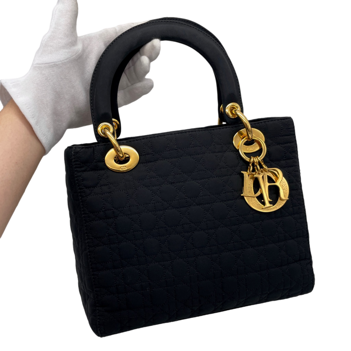 CHRISTIAN DIOR Lady Dior Cannage Nylon Tote Hand Bag MM Black &amp; Gold