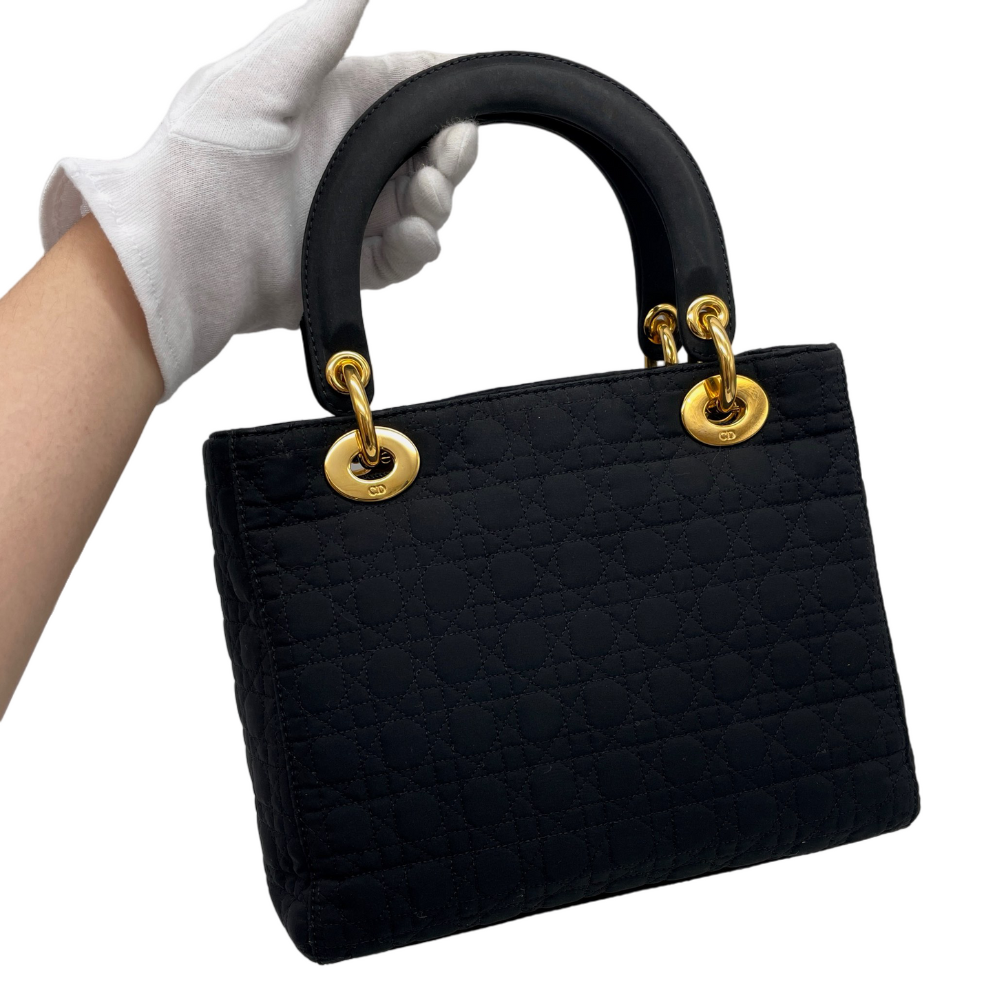 CHRISTIAN DIOR Lady Dior Cannage Nylon Tote Hand Bag MM Black &amp; Gold