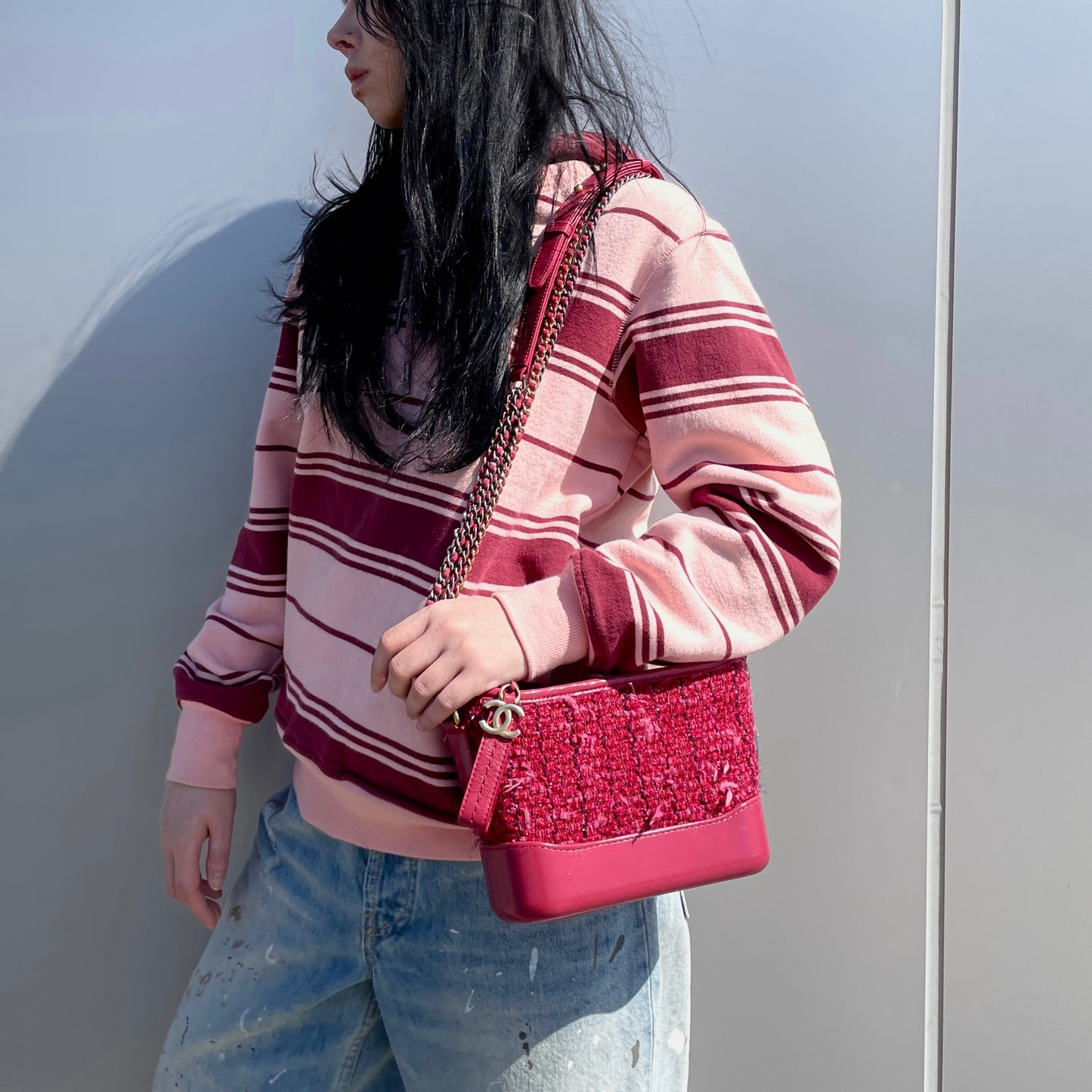 RARE☆☆☆CHANEL 2016 Gabrielle de Chanel Paris Cosmopolite 2016/17 Métiers d’art Show Tweed Mini Double Chain Shoulder Bag Red & Gold