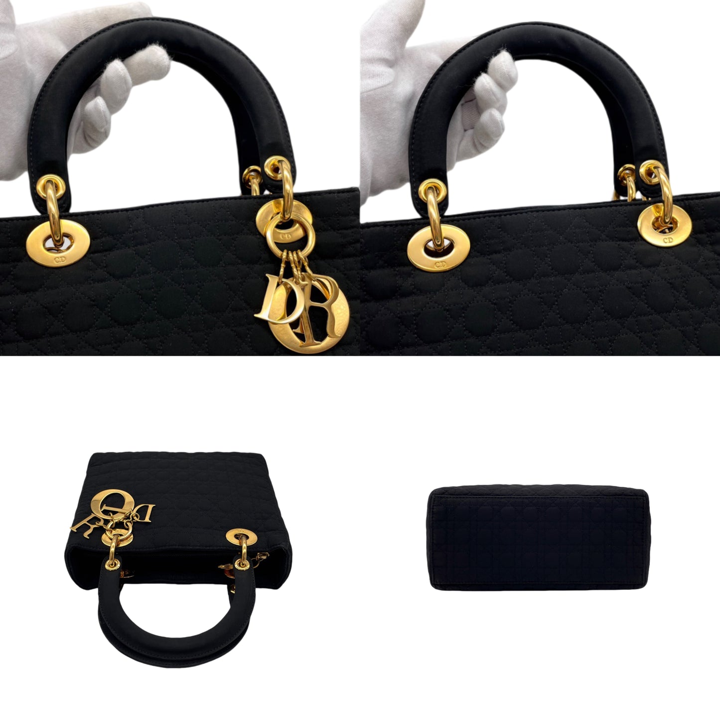 CHRISTIAN DIOR Lady Dior Cannage Nylon Tote Hand Bag MM Black &amp; Gold