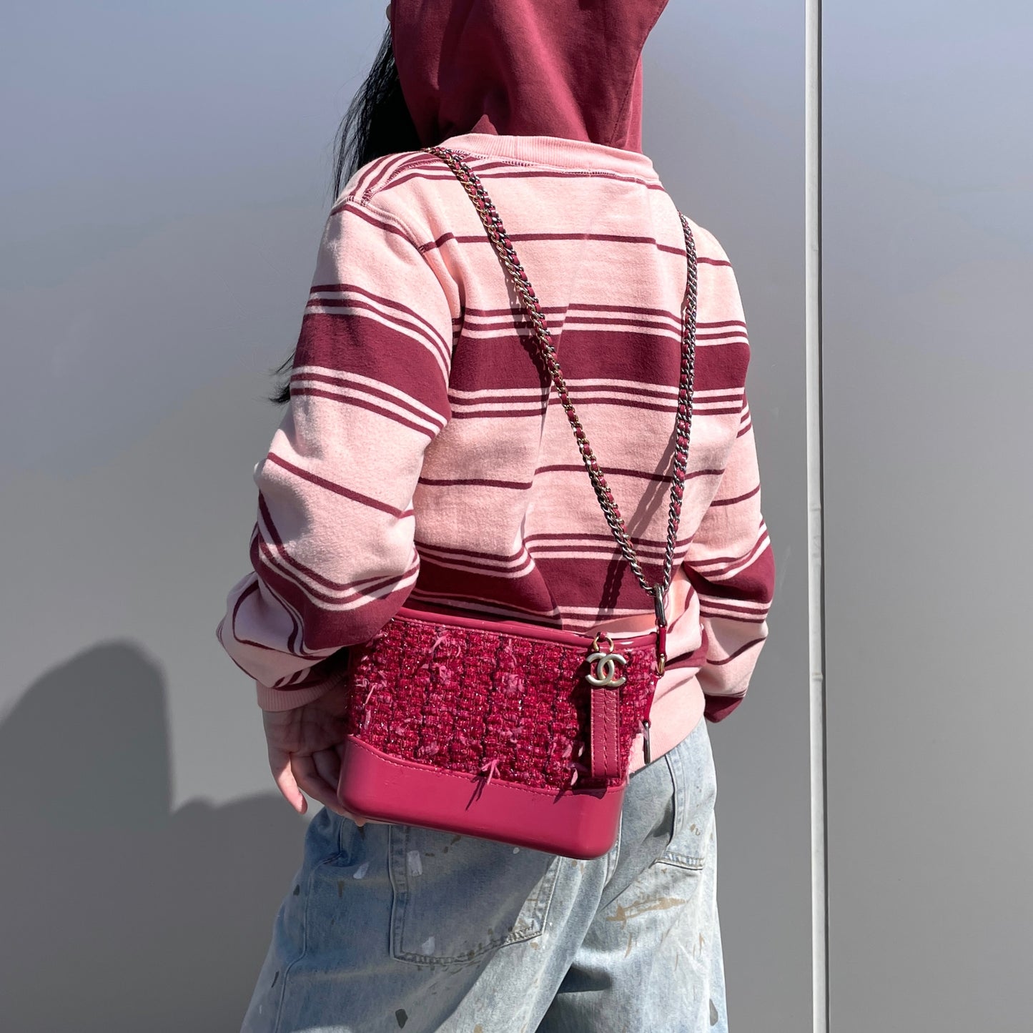 RARE☆☆☆CHANEL 2016 Gabrielle de Chanel Paris Cosmopolite 2016/17 Métiers d’art Show Tweed Mini Double Chain Shoulder Bag Red & Gold