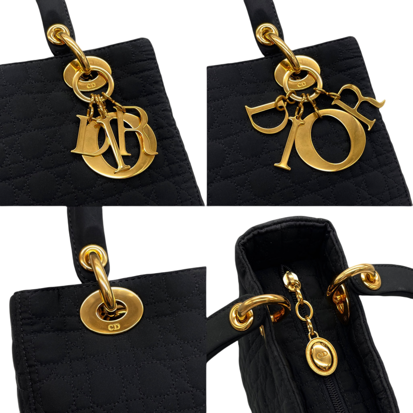 CHRISTIAN DIOR Lady Dior Cannage Nylon Tote Hand Bag MM Black &amp; Gold