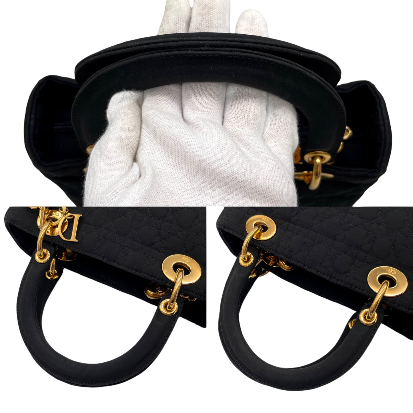 CHRISTIAN DIOR Lady Dior Cannage Nylon Tote Hand Bag MM Black &amp; Gold