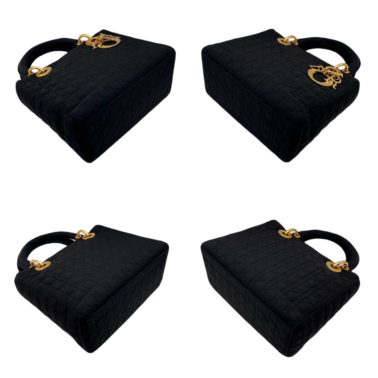 CHRISTIAN DIOR Lady Dior Cannage Nylon Tote Hand Bag MM Black &amp; Gold