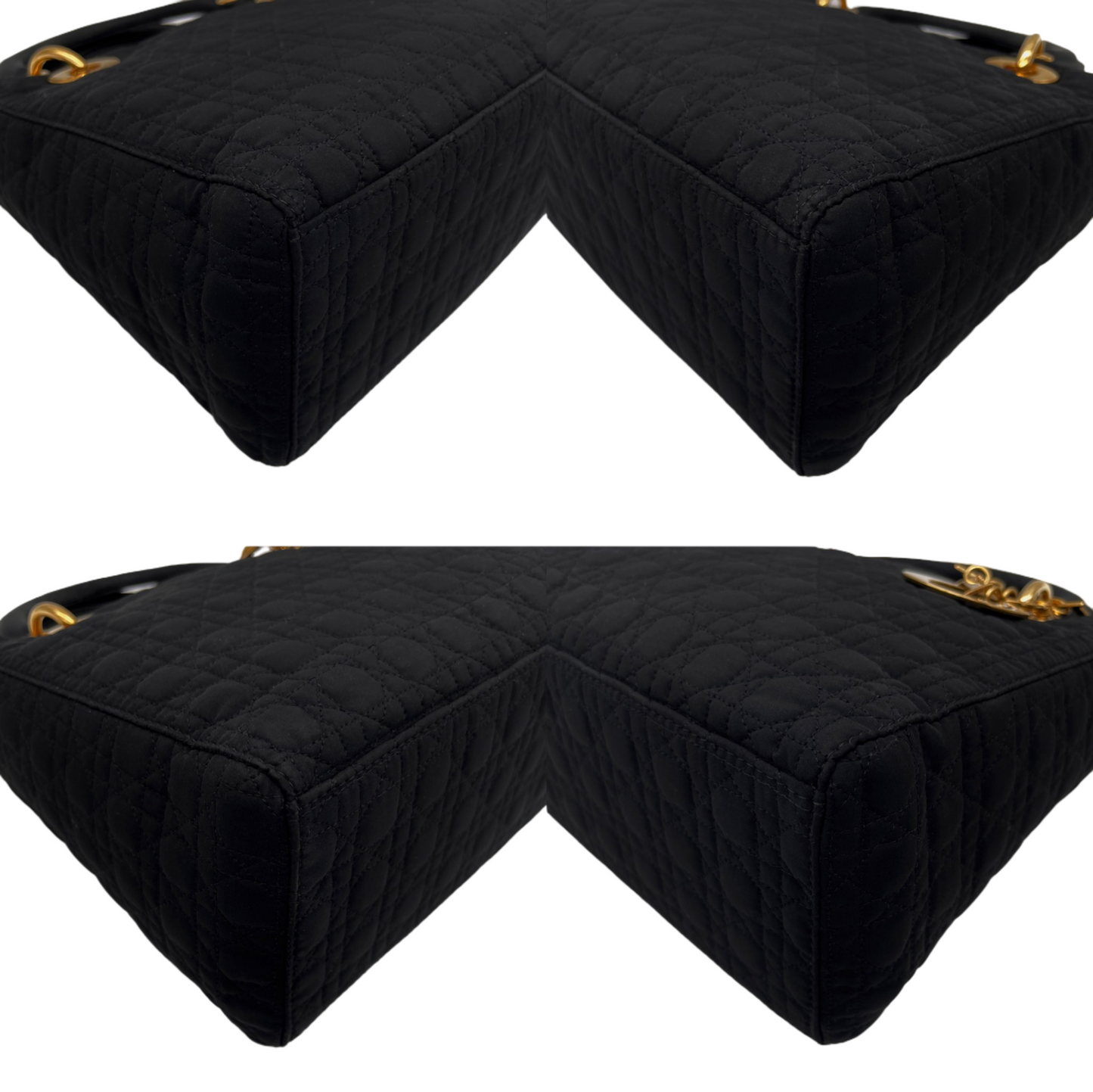 CHRISTIAN DIOR Lady Dior Cannage Nylon Tote Hand Bag MM Black &amp; Gold