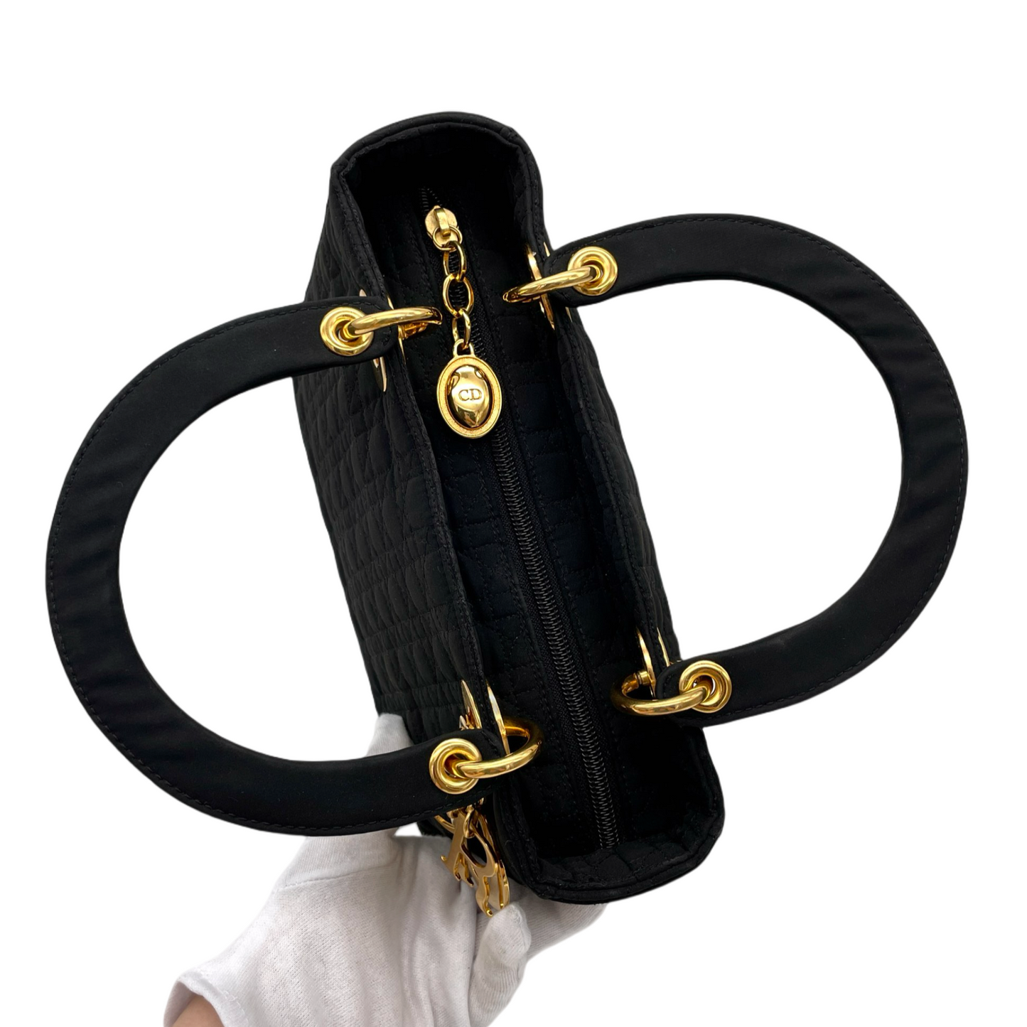 CHRISTIAN DIOR Lady Dior Cannage Nylon Tote Hand Bag MM Black &amp; Gold