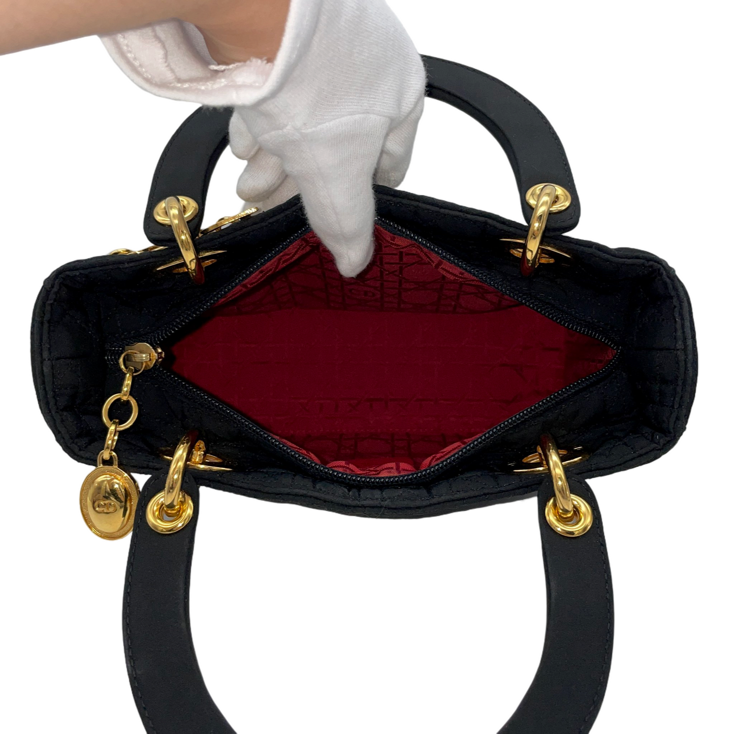 CHRISTIAN DIOR Lady Dior Cannage Nylon Tote Hand Bag MM Black &amp; Gold