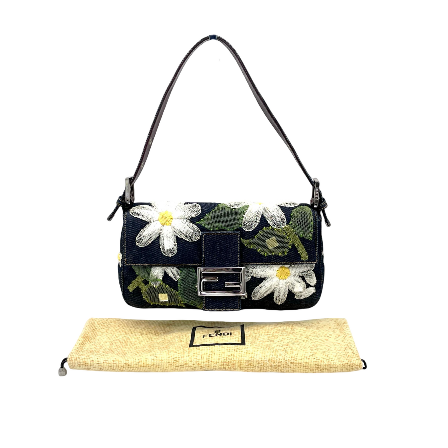 RARE☆☆☆FENDI Denim Mesh Flower Mamma Bucket PM Shoulder Bag