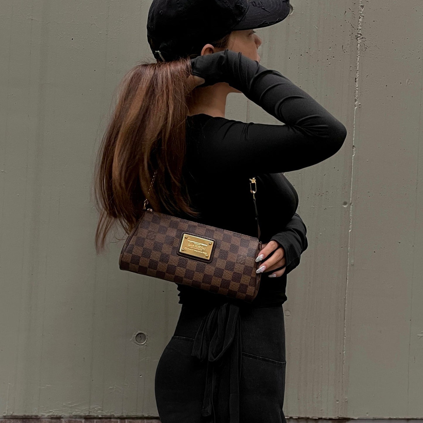 LOUIS VUITTON Damier Ebene Eva N55213 Chain Handle 2-Way Hand Bag Pouch Shoulder Bag Brown &amp; Gold