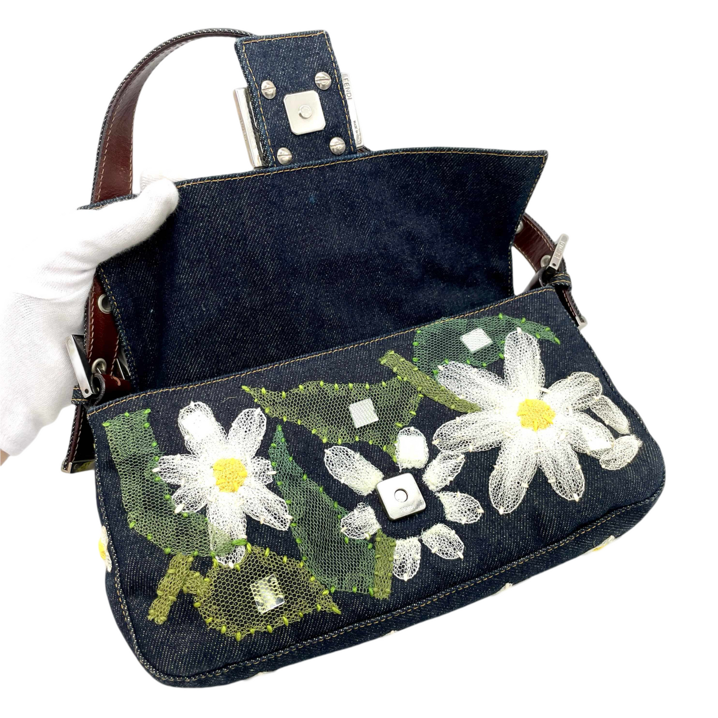 RARE☆☆☆FENDI Denim Mesh Flower Mamma Bucket PM Shoulder Bag