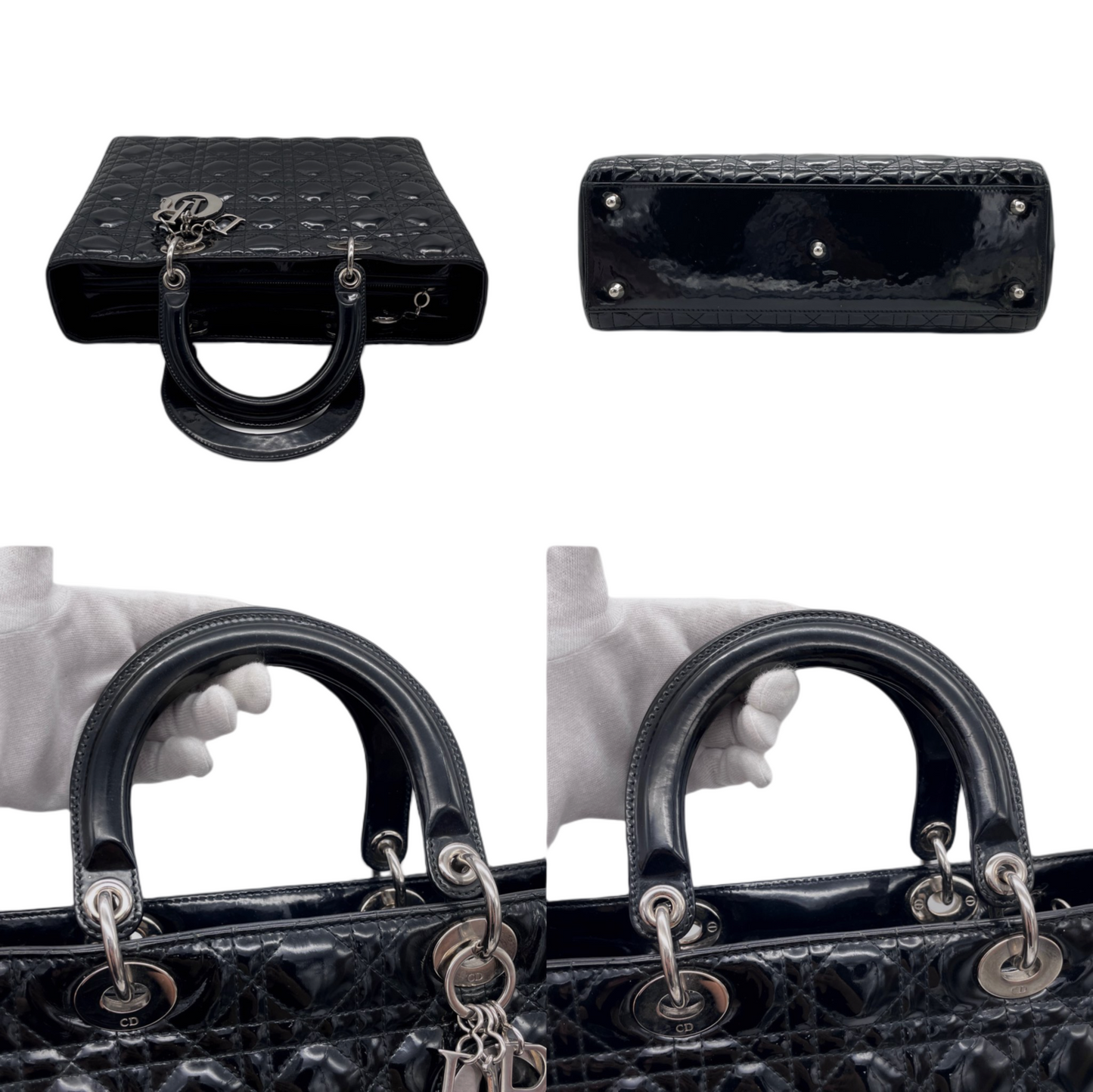 CHRISTIAN DIOR Lady-Dior Cannage 2-Way Tote Hand Bag GM Black &amp; Silver