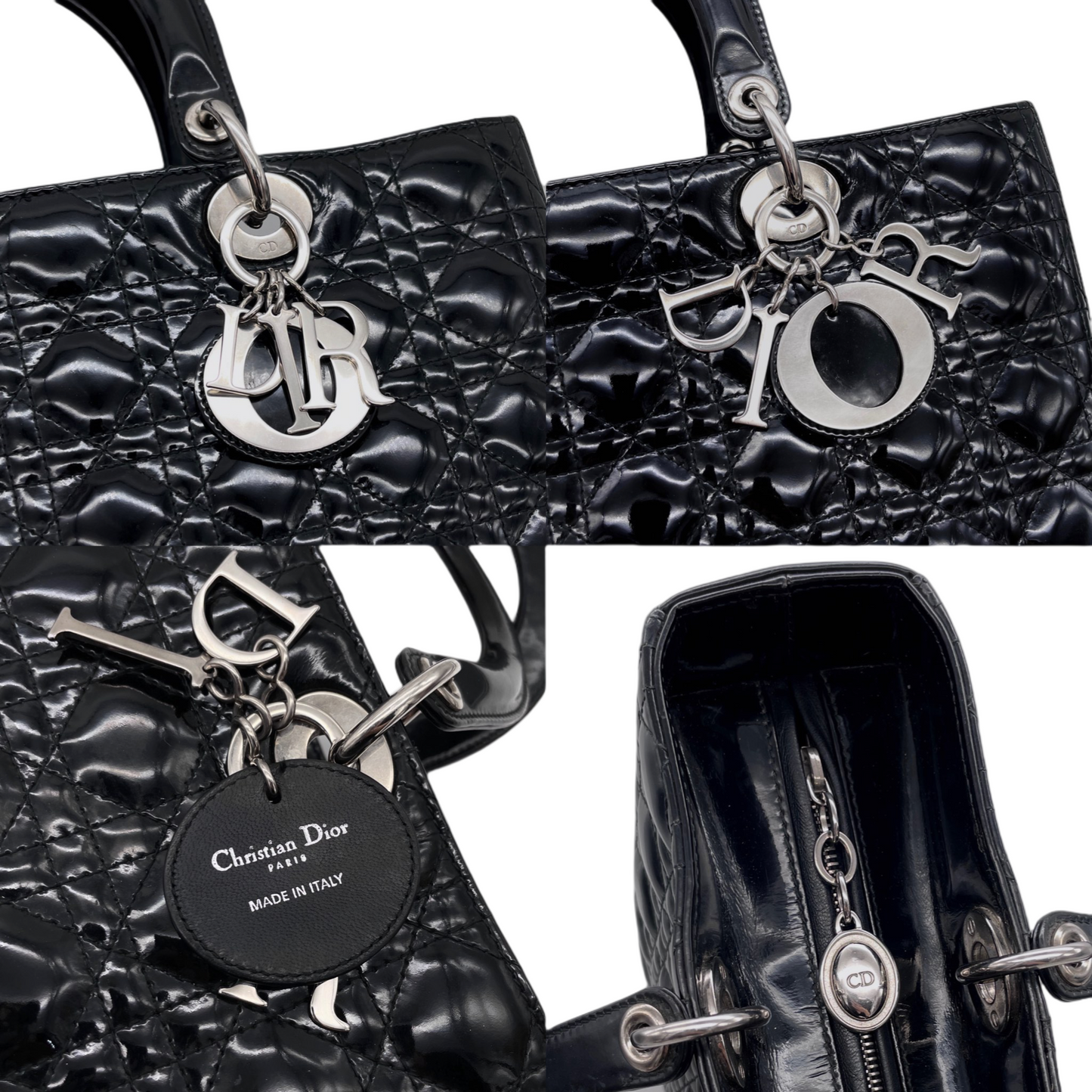 CHRISTIAN DIOR Lady-Dior Cannage 2-Way Tote Hand Bag GM Black &amp; Silver