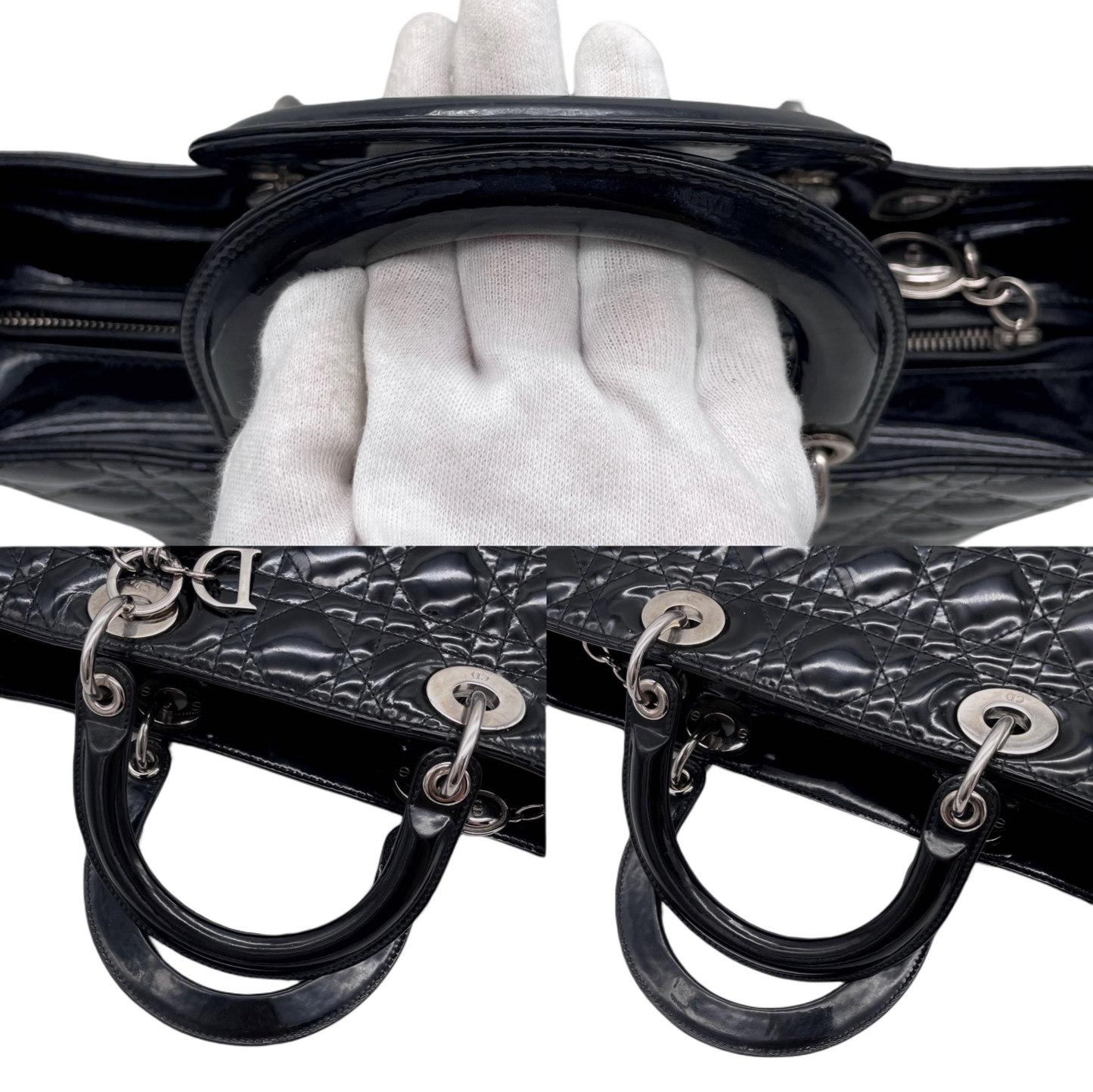 CHRISTIAN DIOR Lady-Dior Cannage 2-Way Tote Hand Bag GM Black &amp; Silver