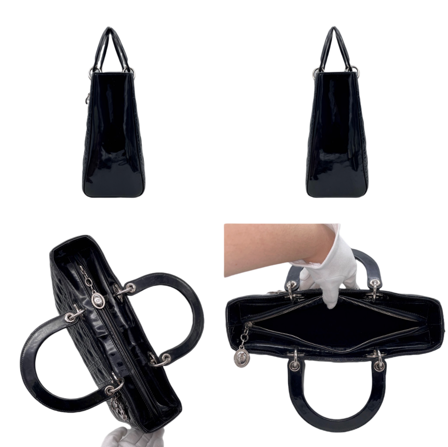 CHRISTIAN DIOR Lady-Dior Cannage 2-Way Tote Hand Bag GM Black &amp; Silver