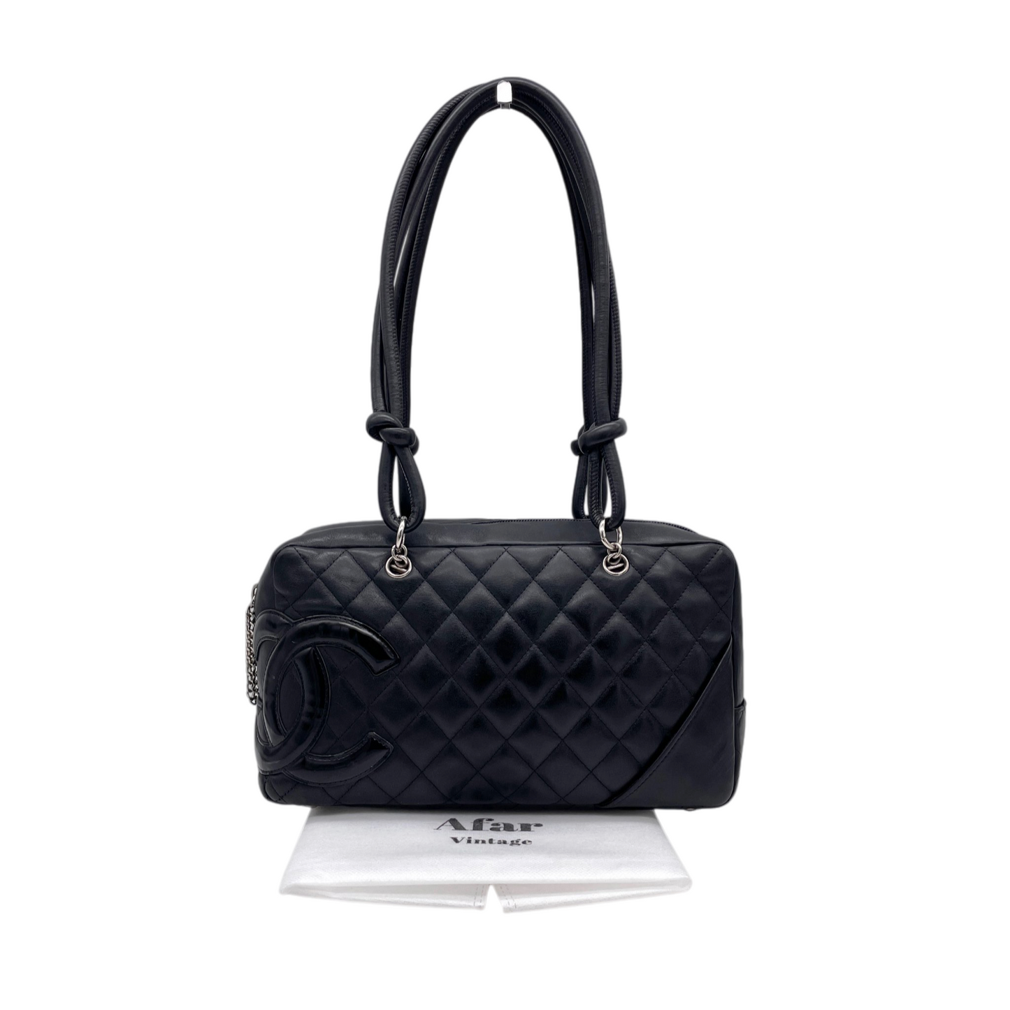 RARE★★★CHANEL 2005 Cambon Line Quilted Calfskin & Patent Leather CC Logo Bowling Shoulder Bag Black/Silver