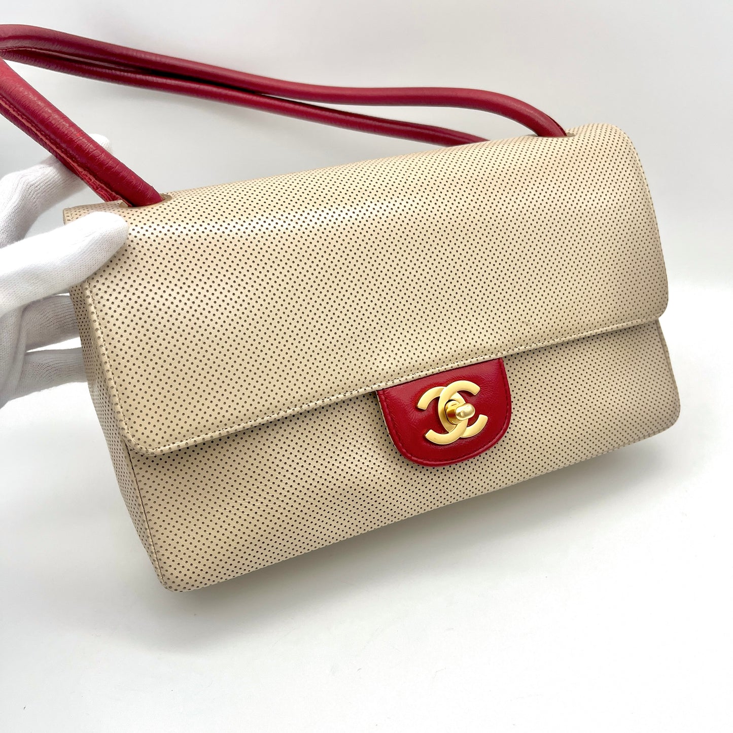 CHANEL Punched Leather Flap Shoulder Bag Red Beige