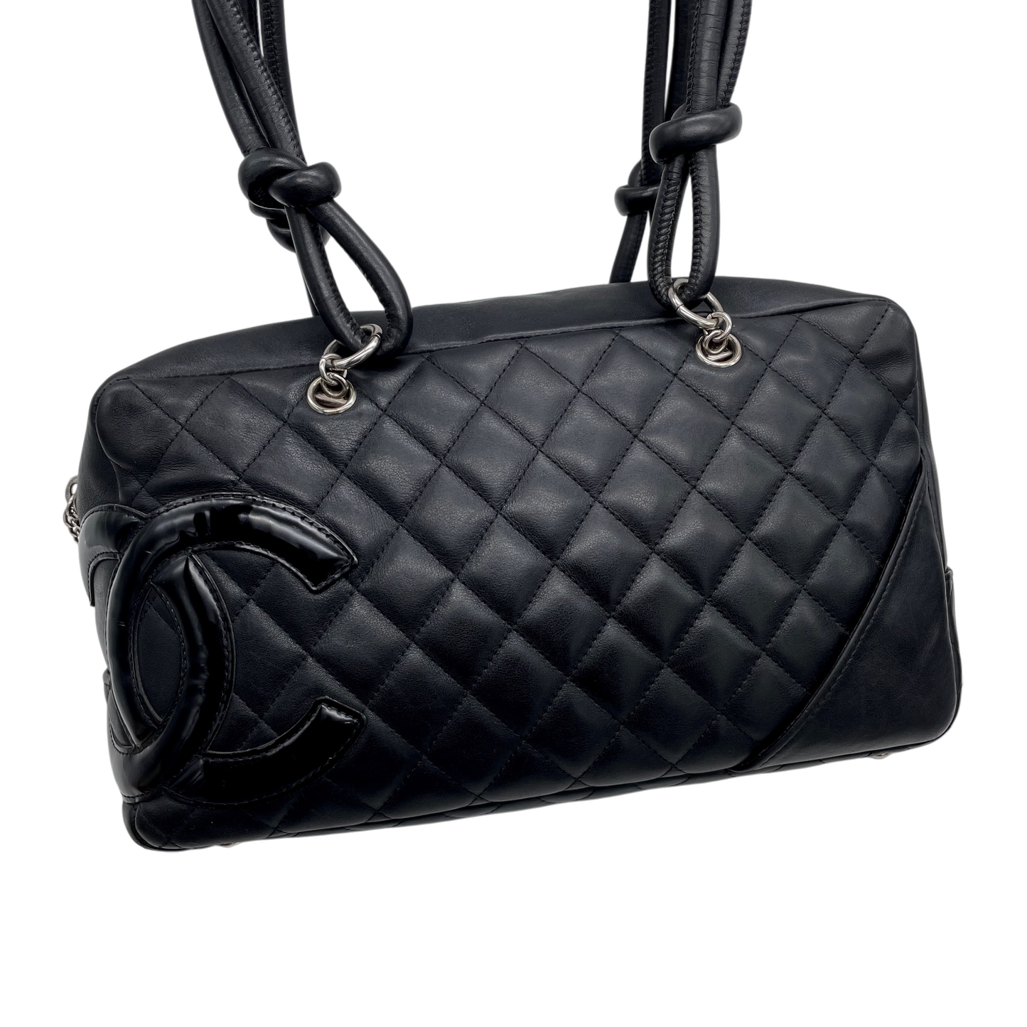 RARE★★★CHANEL 2005 Cambon Line Quilted Calfskin & Patent Leather CC Logo Bowling Shoulder Bag Black/Silver