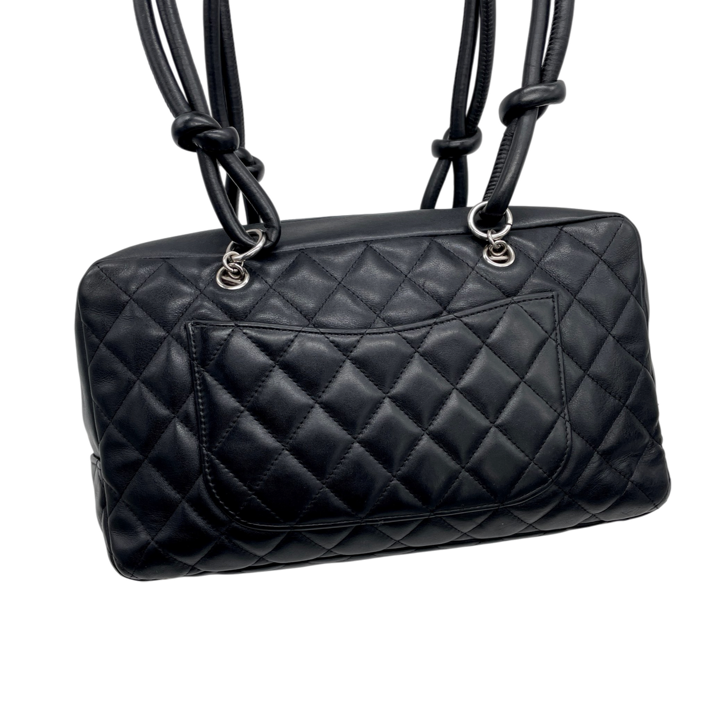 RARE★★★CHANEL 2005 Cambon Line Quilted Calfskin & Patent Leather CC Logo Bowling Shoulder Bag Black/Silver
