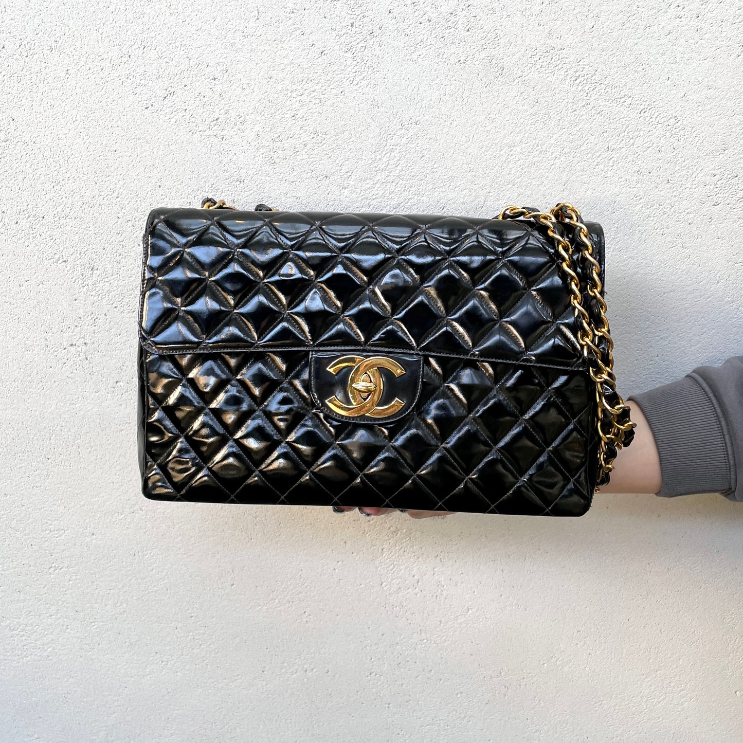 RARE☆☆☆CHANEL Enamel Matelassé Jumbo CC LOGO Double Chain Shoulder Single Flap Bag Black & Gold