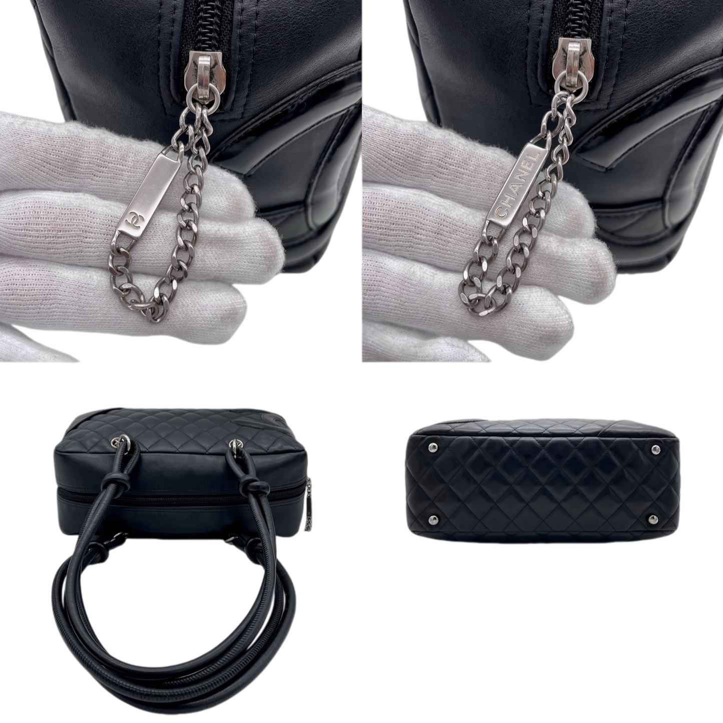 RARE★★★CHANEL 2005 Cambon Line Quilted Calfskin & Patent Leather CC Logo Bowling Shoulder Bag Black/Silver