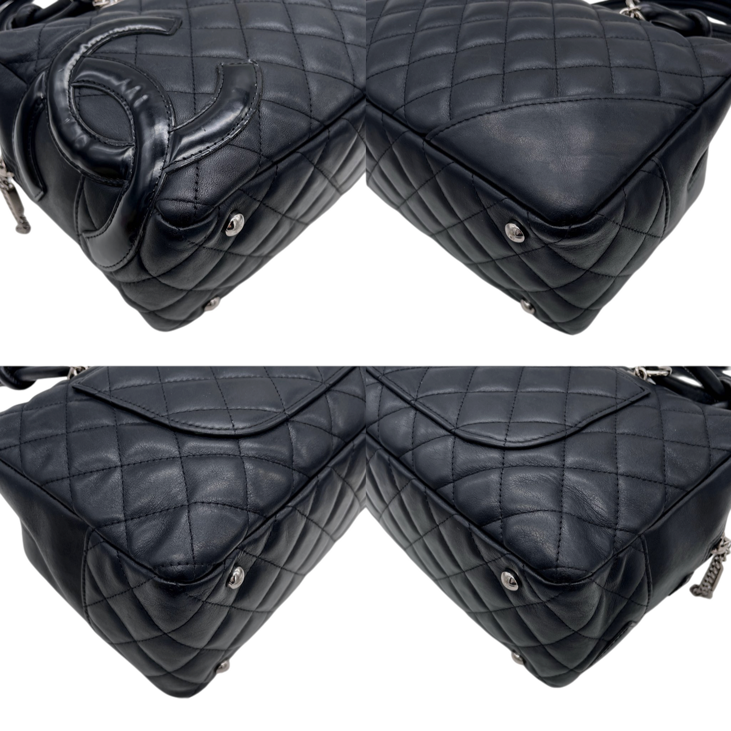 RARE★★★CHANEL 2005 Cambon Line Quilted Calfskin & Patent Leather CC Logo Bowling Shoulder Bag Black/Silver