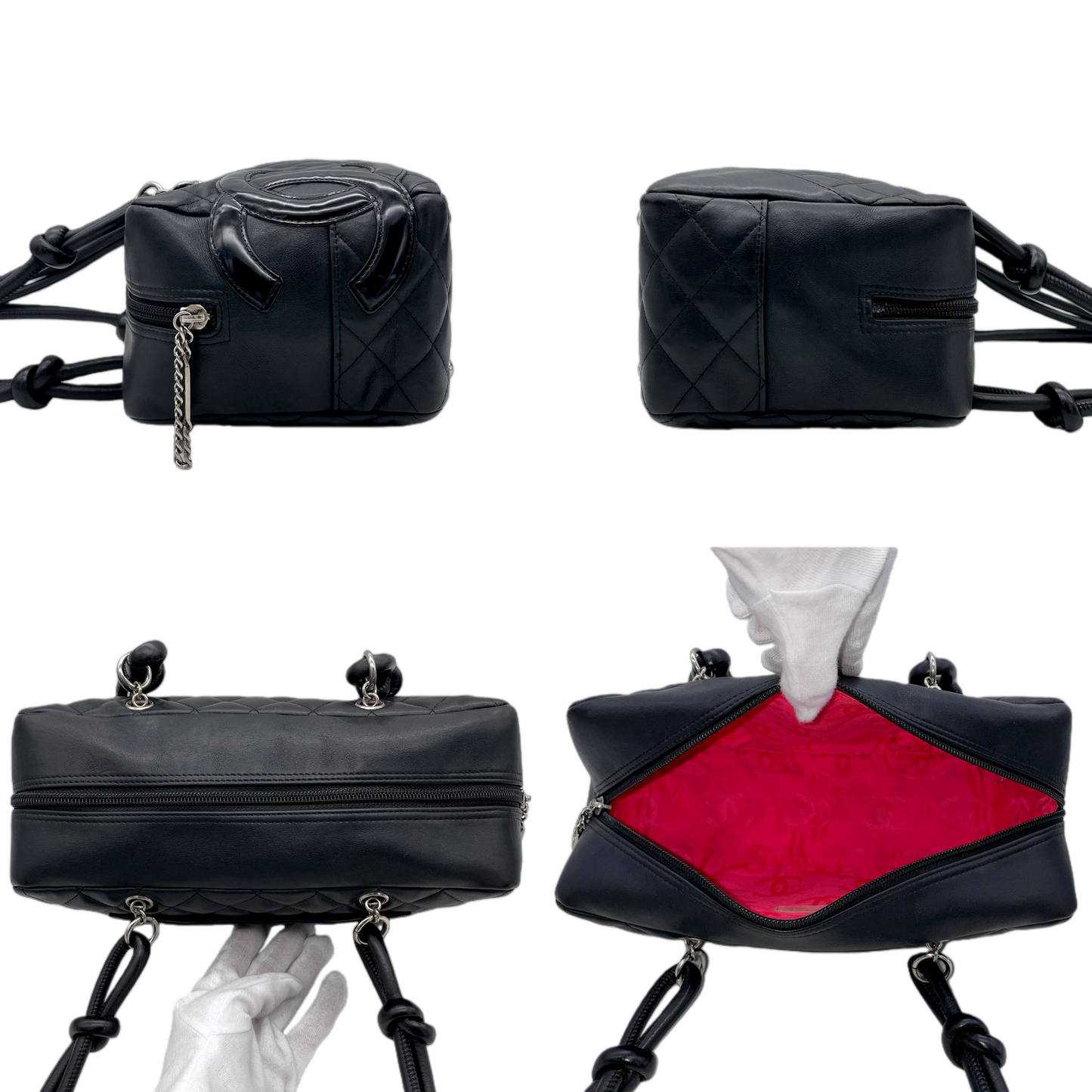 RARE★★★CHANEL 2005 Cambon Line Quilted Calfskin & Patent Leather CC Logo Bowling Shoulder Bag Black/Silver