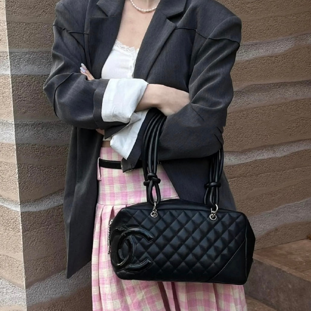 RARE★★★CHANEL 2005 Cambon Line Quilted Calfskin & Patent Leather CC Logo Bowling Shoulder Bag Black/Silver