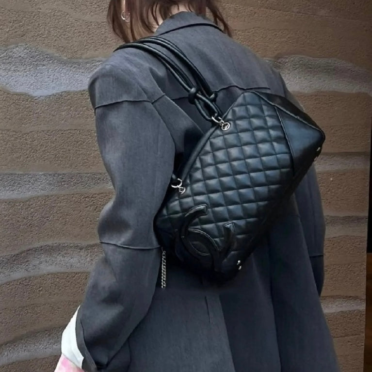 RARE★★★CHANEL 2005 Cambon Line Quilted Calfskin & Patent Leather CC Logo Bowling Shoulder Bag Black/Silver
