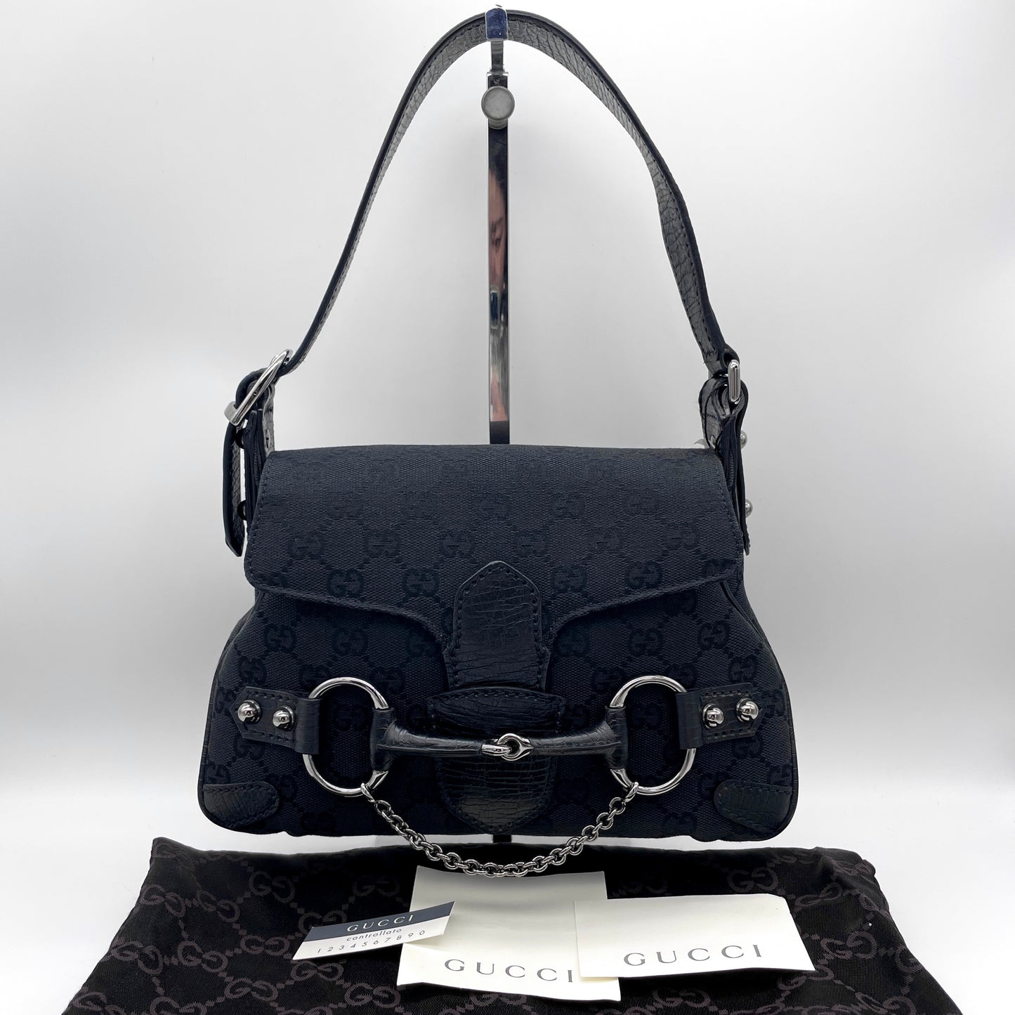 RARE☆☆GUCCI GG Canvas Chain Horsebit One Shoulder Bag PM SHW Black