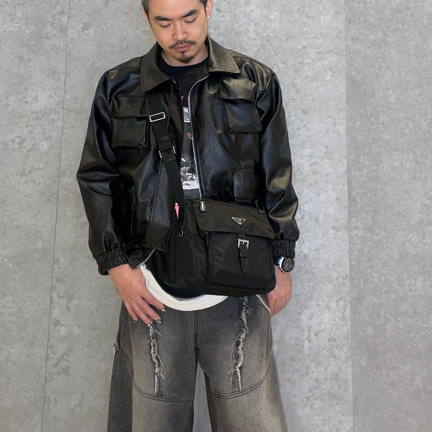 PRADA Triangle Plated Pocket Crossbody Shoulder Bag Black &amp; Silver