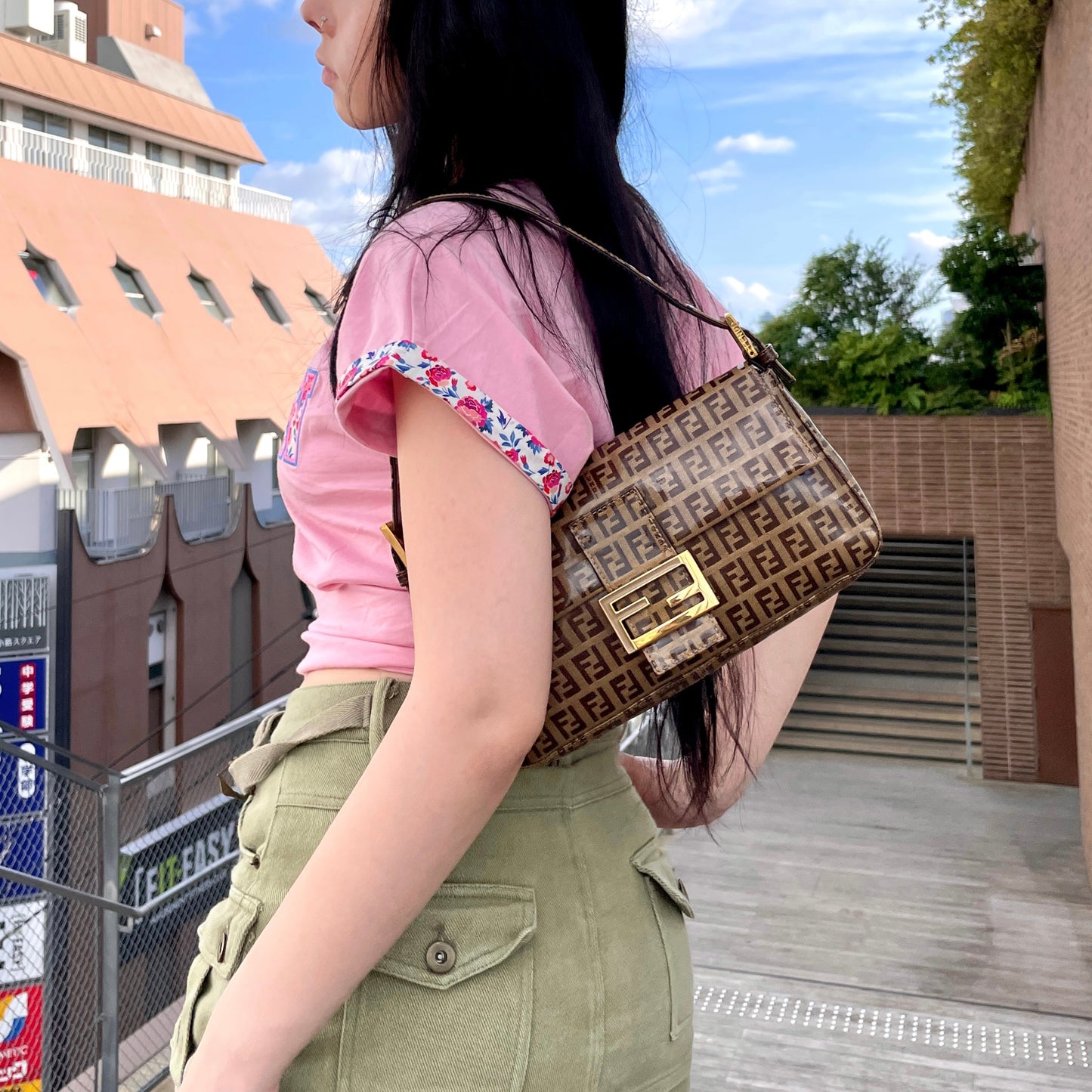 RARE★★★FENDI Zucchino PVC Baguette Shoulder Bag Small Brown Gold