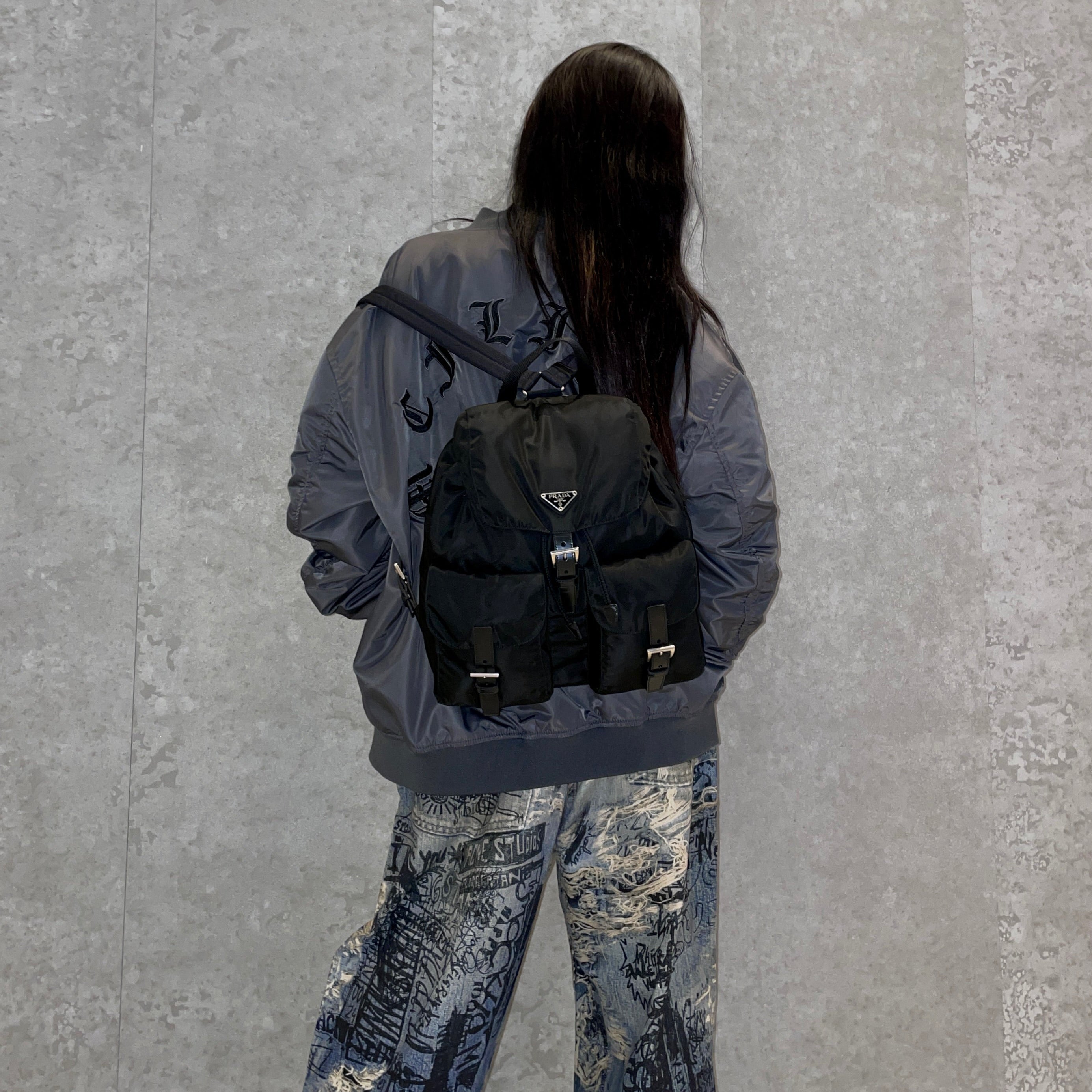 PRADA Triangle Logo Pockets Nylon Backpack Bag MM Black & Silver