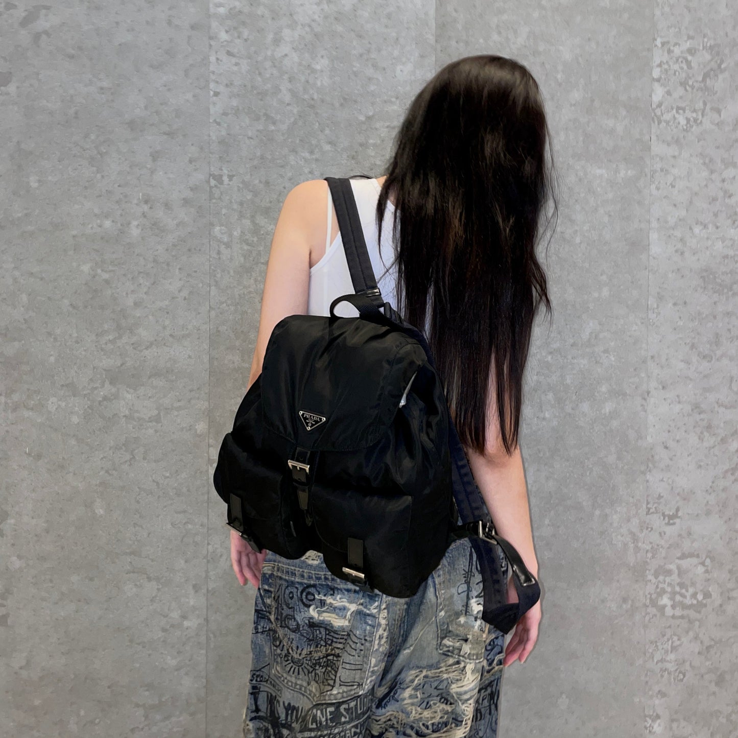 PRADA Triangle Logo Pockets Nylon Backpack Bag MM Black &amp; Silver