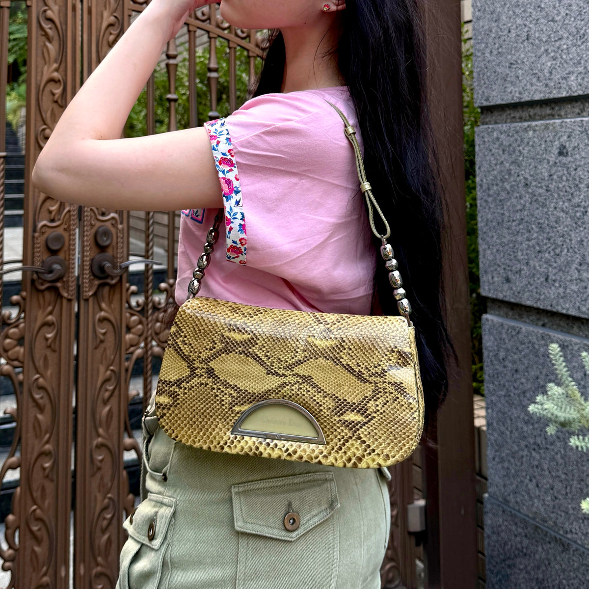 RARE★★★★CHRISTIAN DIOR Malice Pearl Python Skin Shoulder Bag Medium Brown Gold