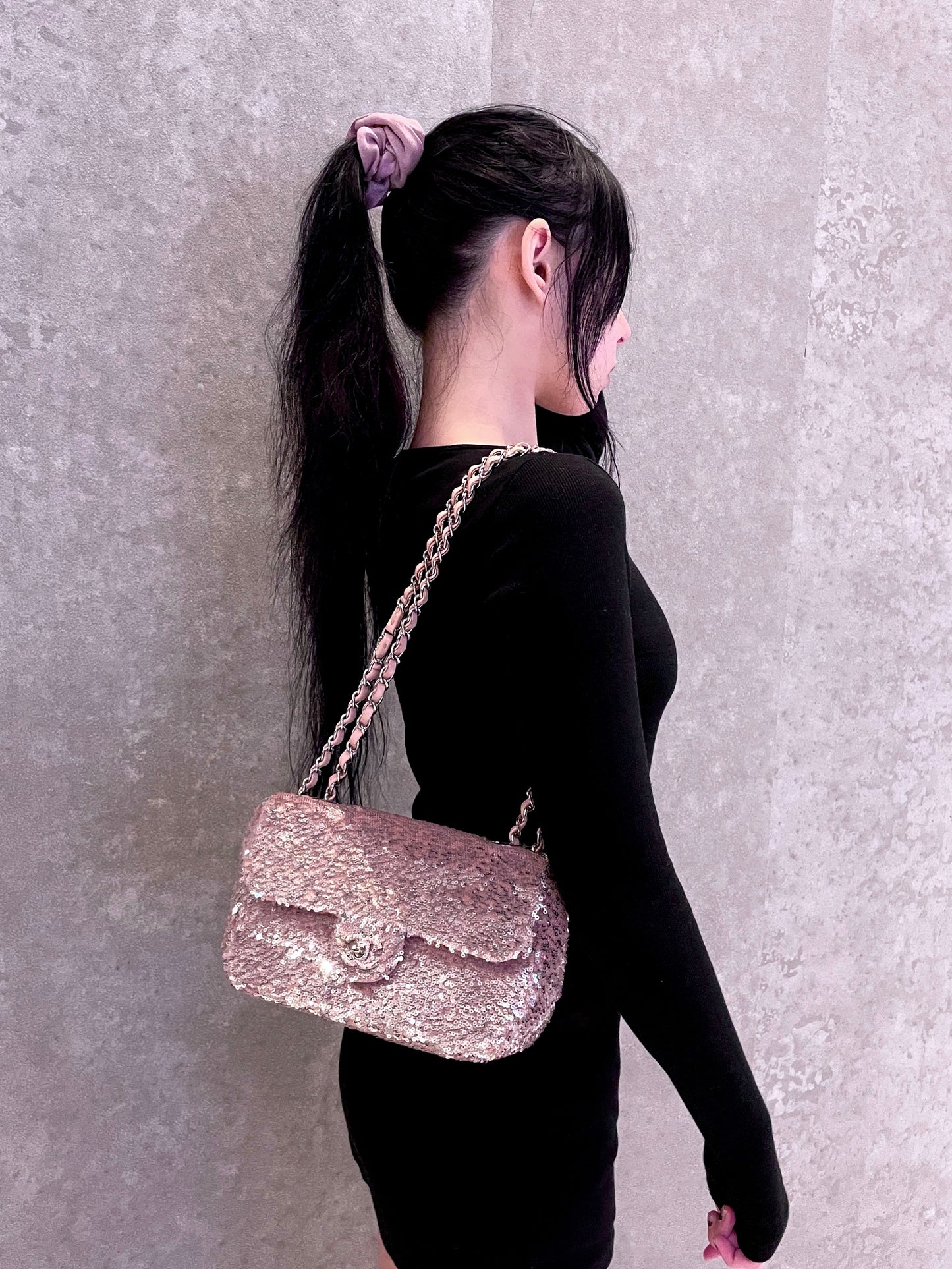 RARE☆☆☆CHANEL sequined double-chain shoulder single flap bag