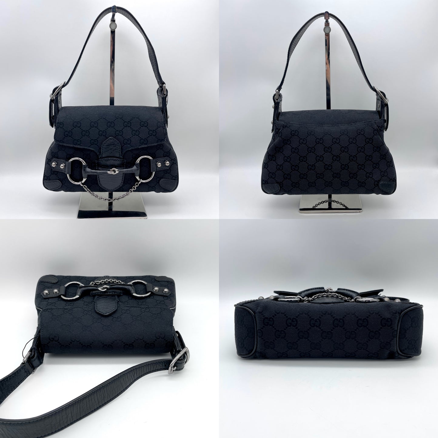 RARE☆☆GUCCI GG Canvas Chain Horsebit One Shoulder Bag PM SHW Black