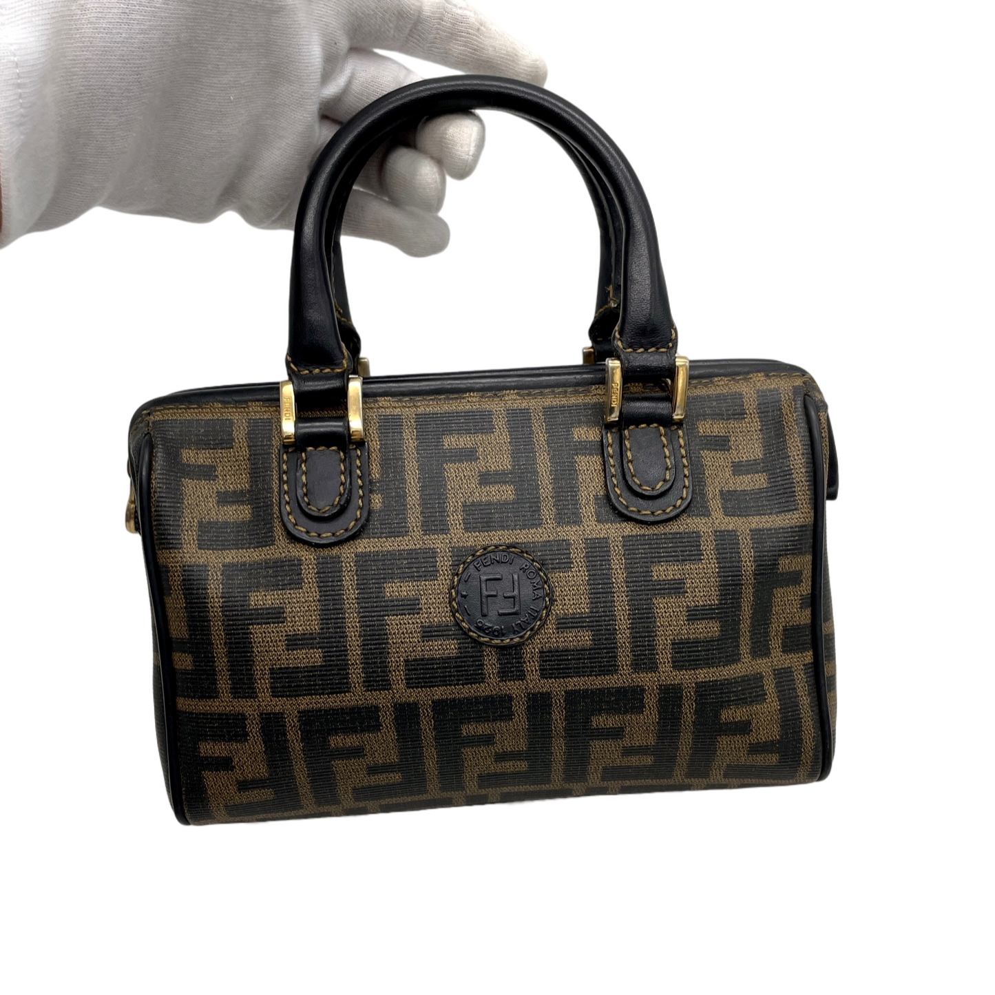 RARE☆☆☆FENDI Zucca PVC Mini Boston Handbag Khaki &amp; Black