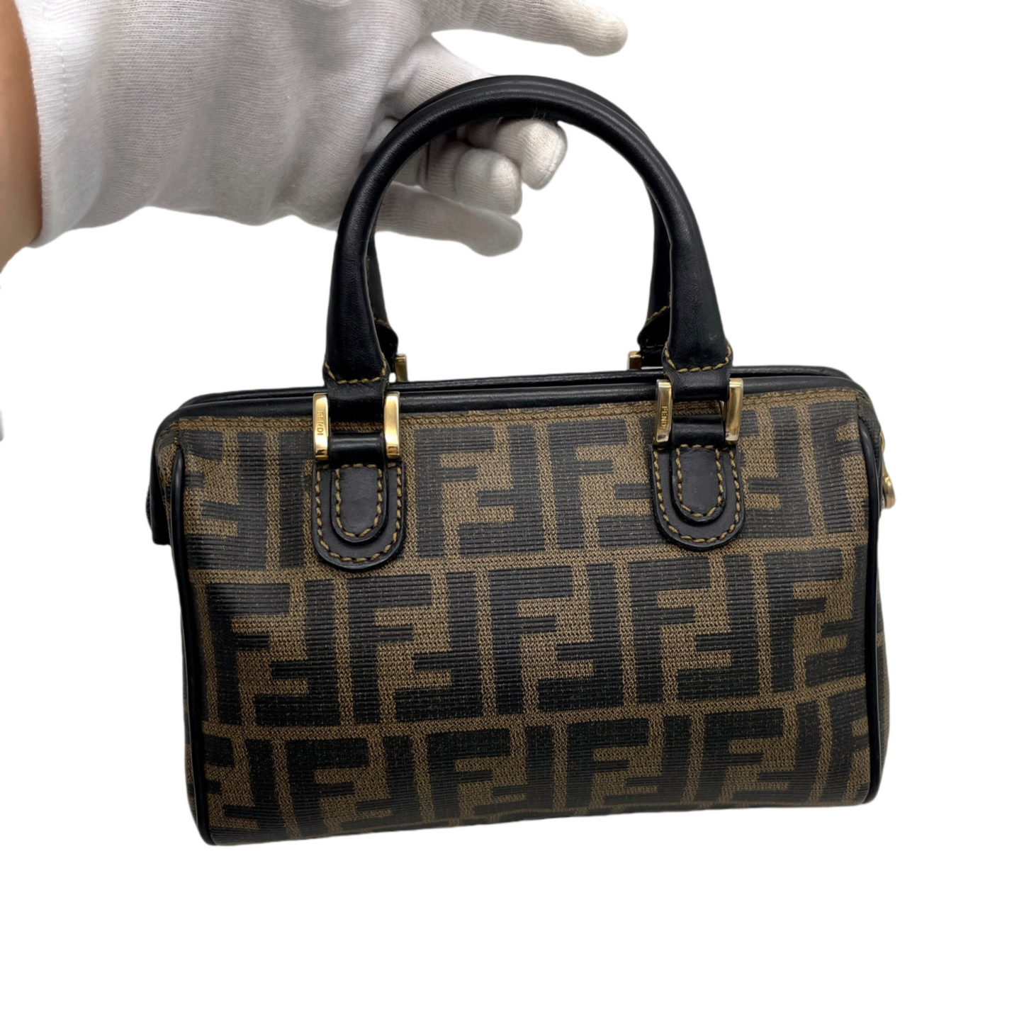 RARE☆☆☆FENDI Zucca PVC Mini Boston Handbag Khaki &amp; Black