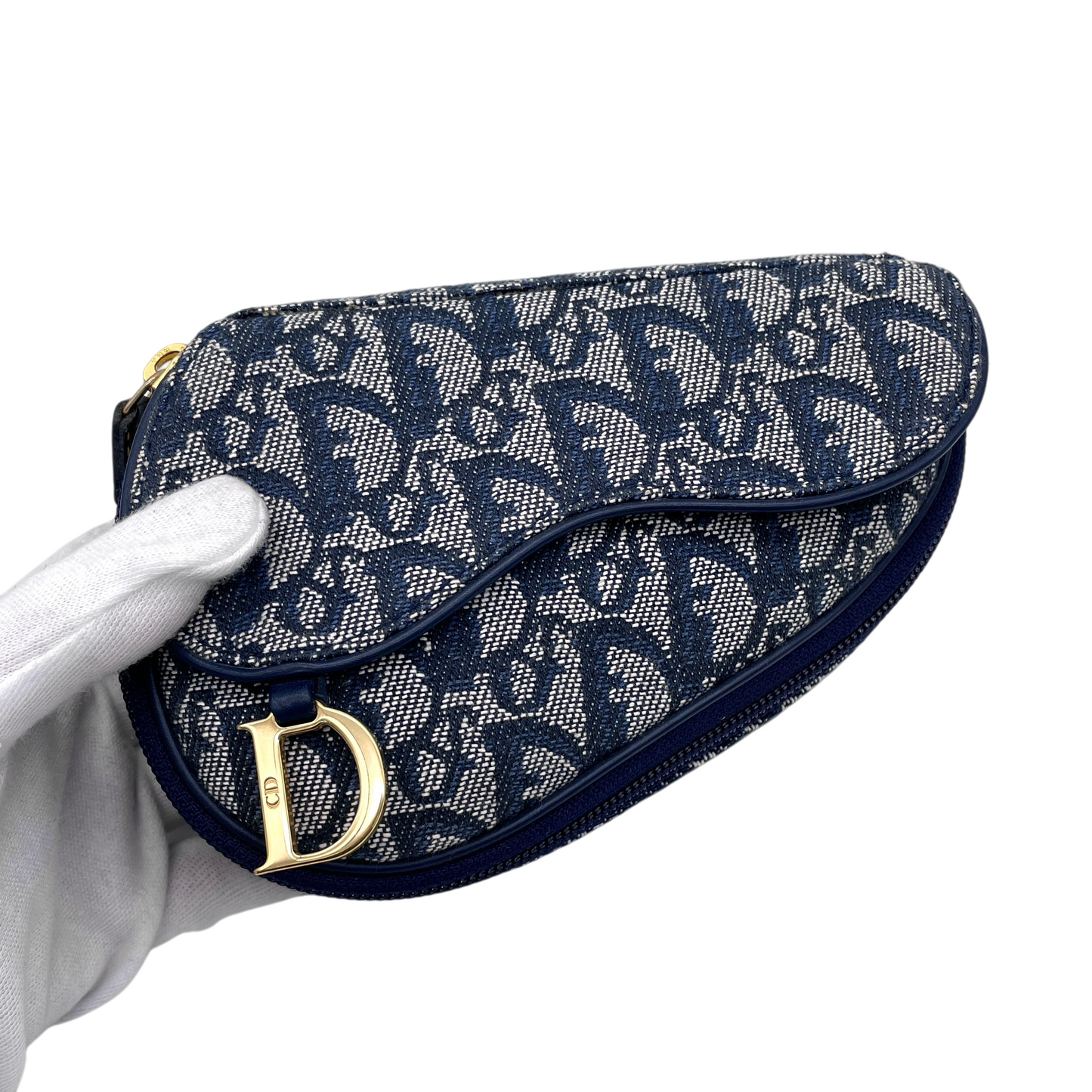 CHRISTIAN DIOR 2000 Trotter Canvas & Leather Saddle Clutch Pouch Navy/Gold