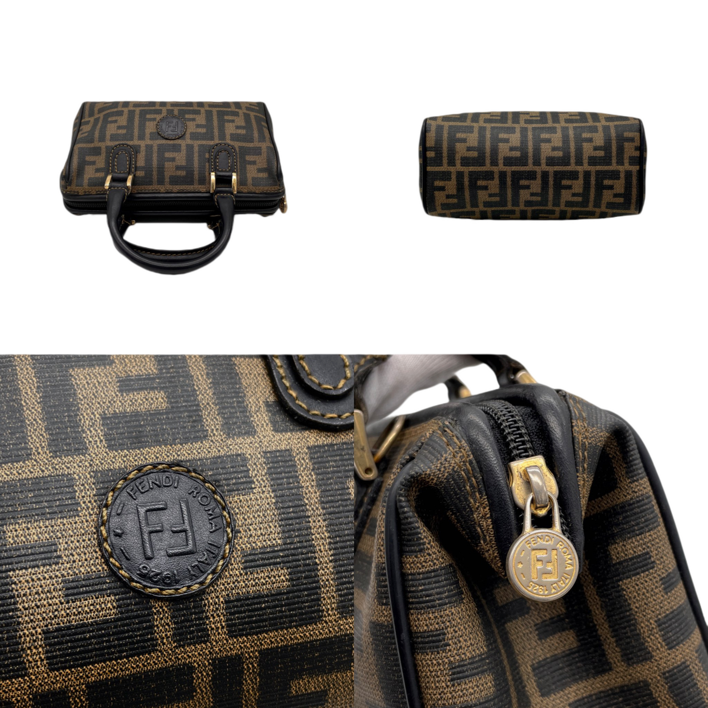 RARE☆☆☆FENDI Zucca PVC Mini Boston Handbag Khaki &amp; Black