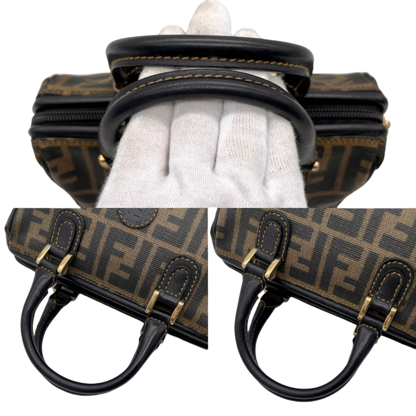 RARE☆☆☆FENDI Zucca PVC Mini Boston Handbag Khaki &amp; Black