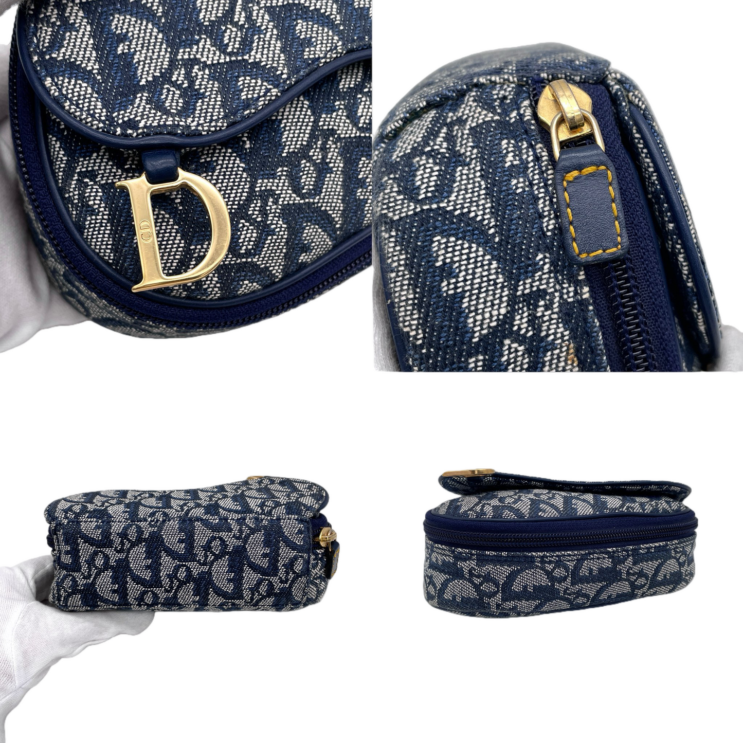 CHRISTIAN DIOR 2000 Trotter Canvas & Leather Saddle Clutch Pouch Navy/Gold