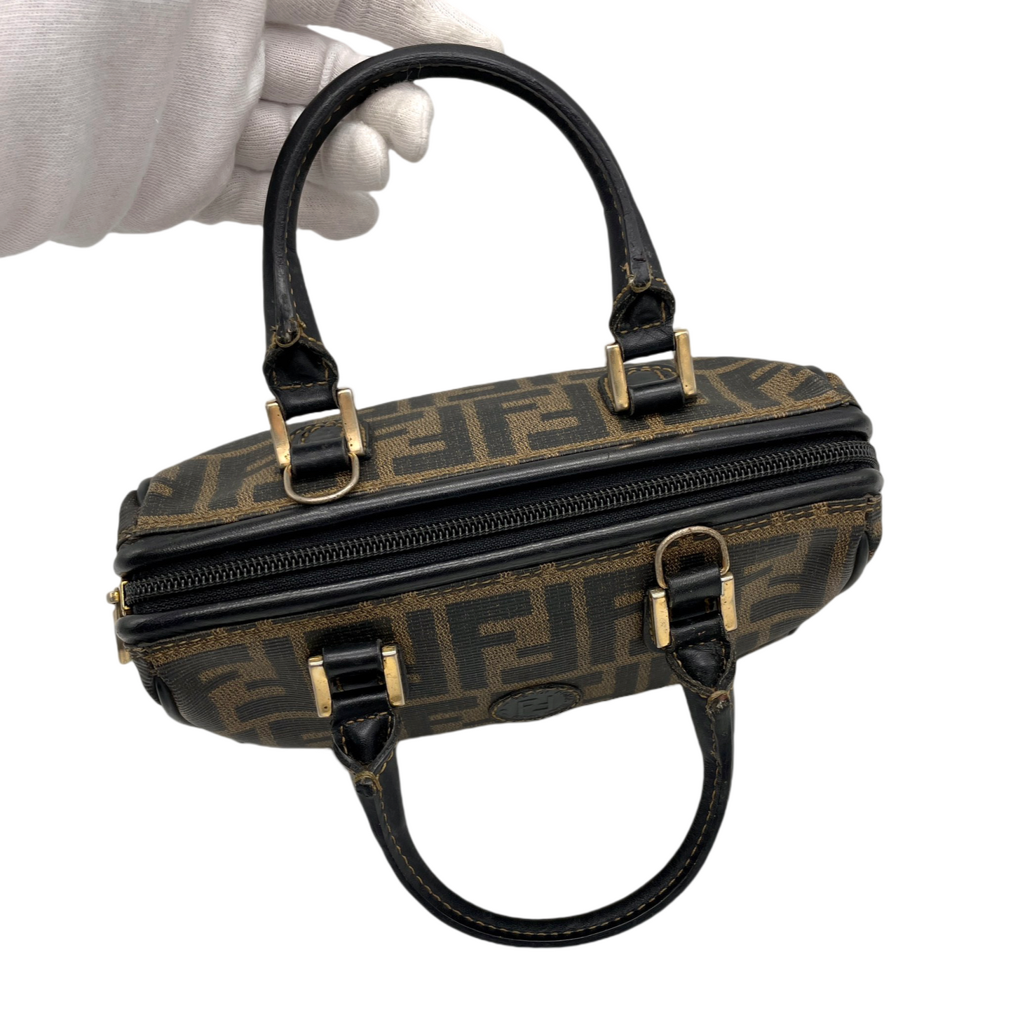 RARE☆☆☆FENDI Zucca PVC Mini Boston Handbag Khaki &amp; Black