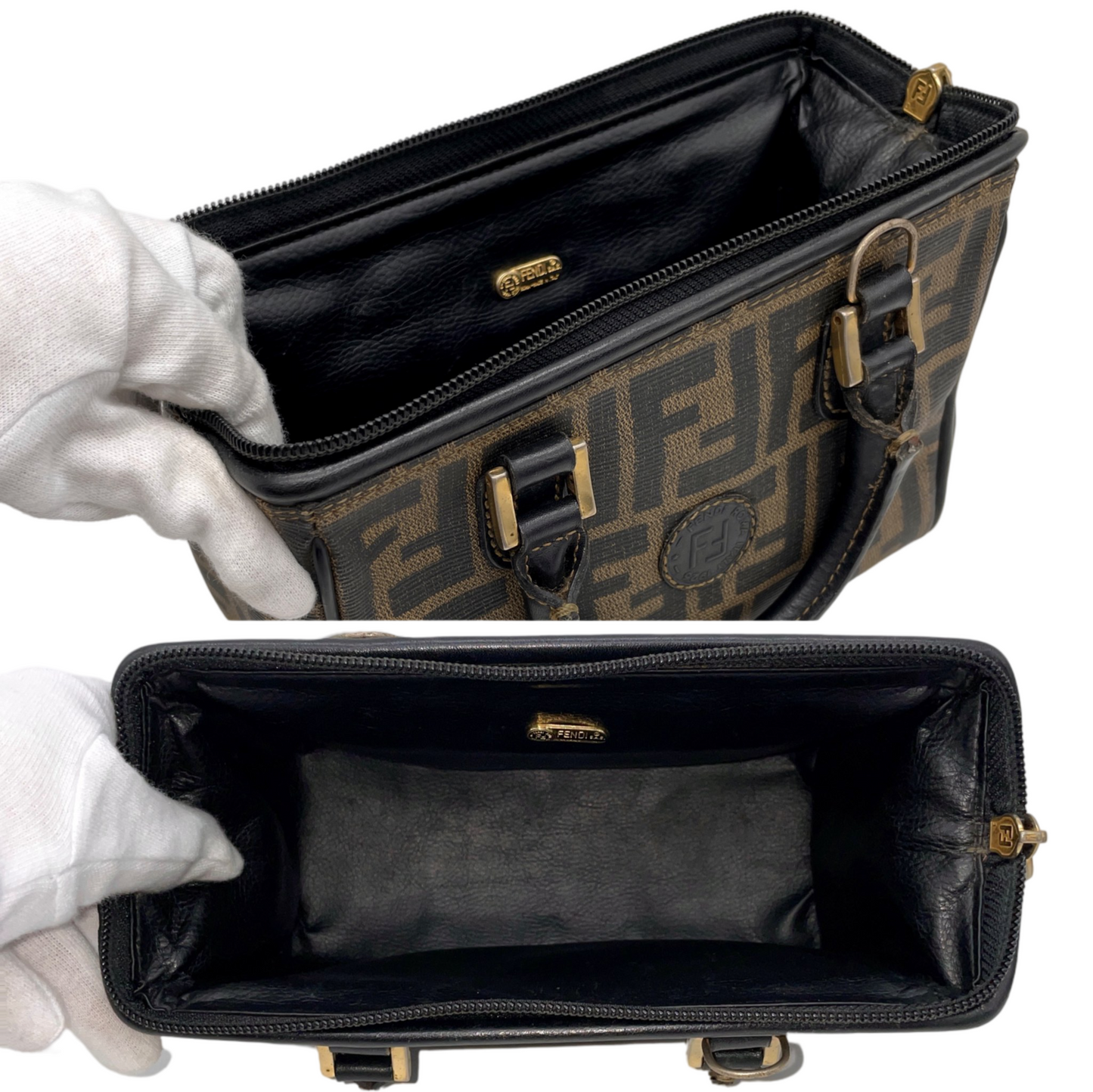 RARE☆☆☆FENDI Zucca PVC Mini Boston Handbag Khaki &amp; Black